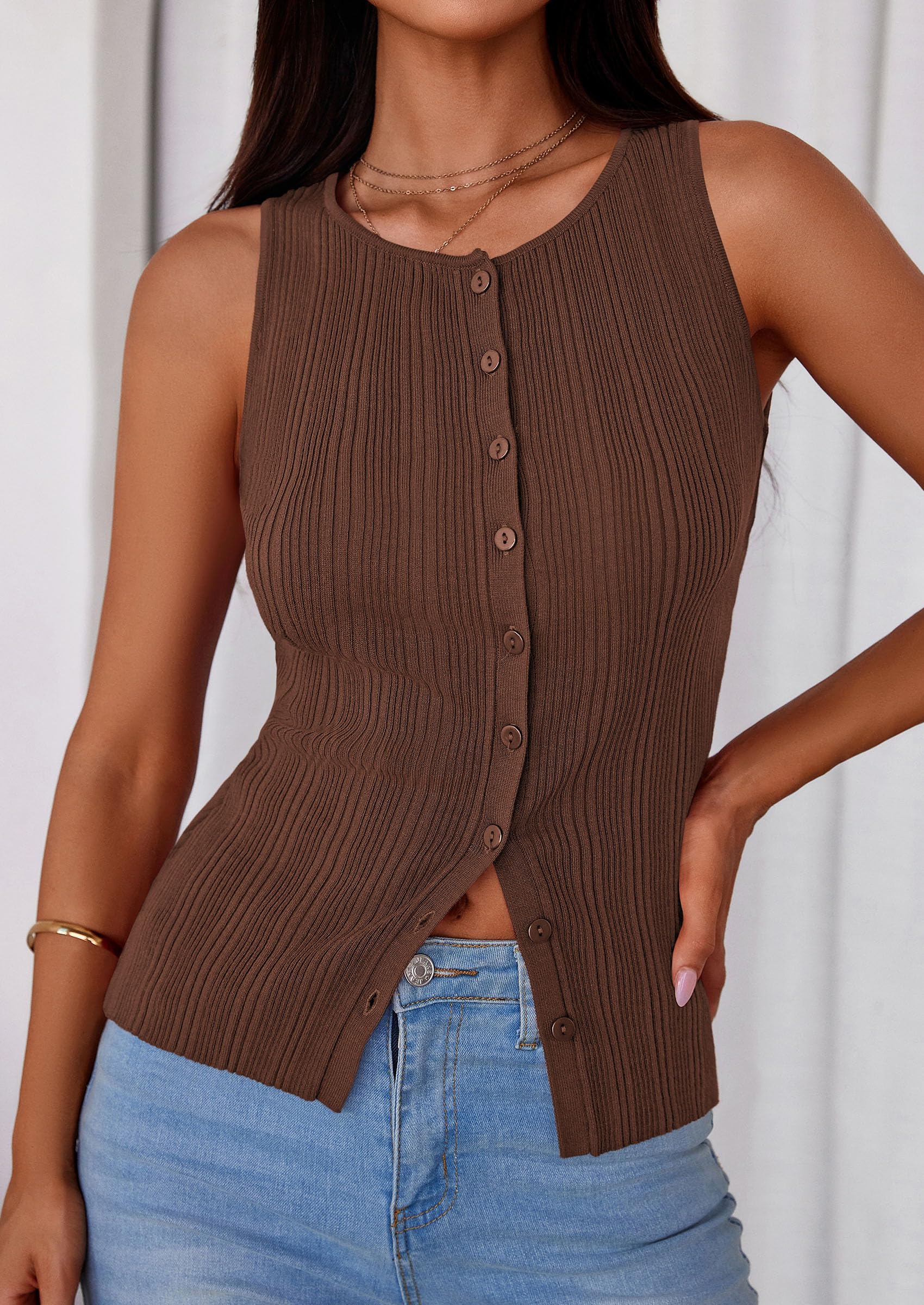 Sleeveless Button Down Shirts for Women Summer 2026 Going Out Ribbed Knit Tank Tops Y2K Clothes Trendy Vest Tops Brown