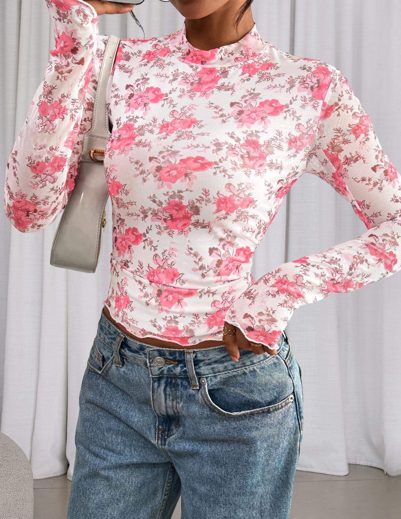 Womens Floral Mesh Long Sleeve Tops Fall Slim Fitted Shirts