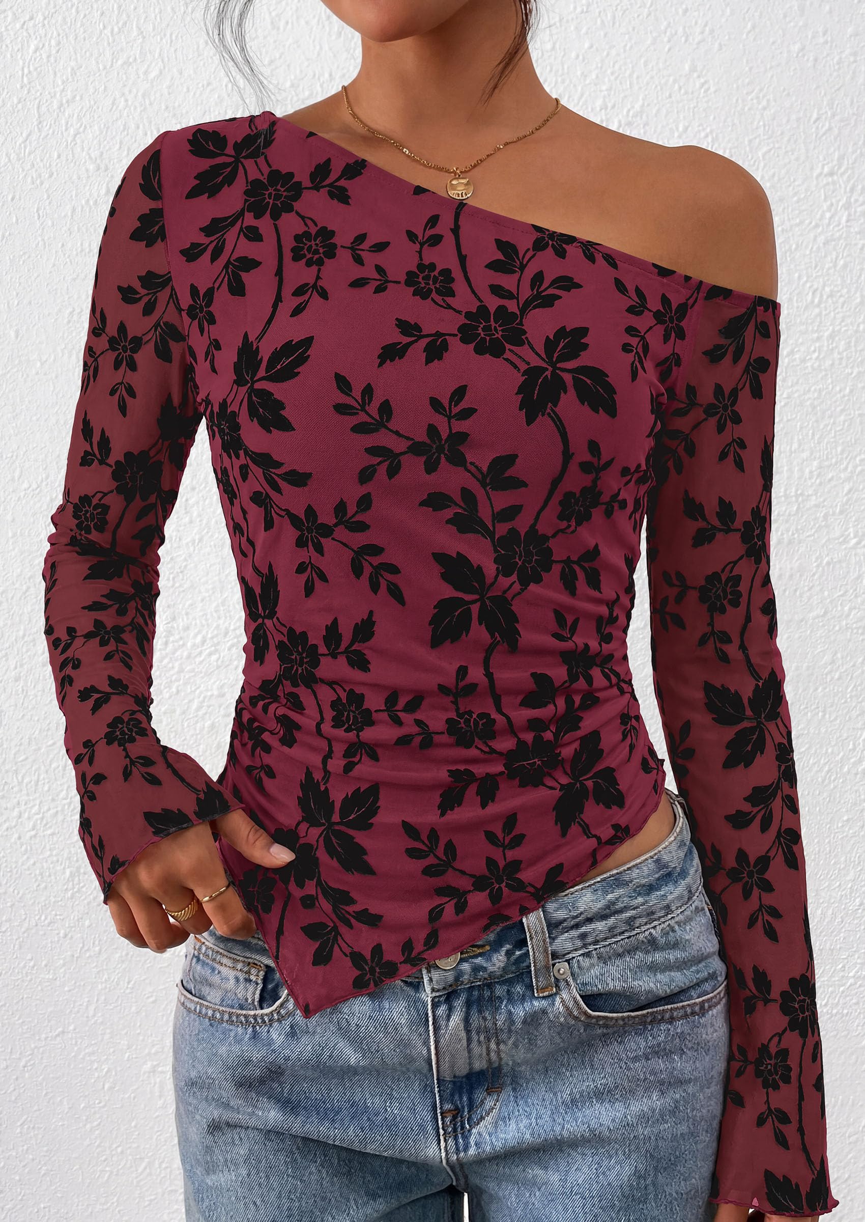 Womens Off Shoulder Mesh Y2k Tops,Wine Red,XS