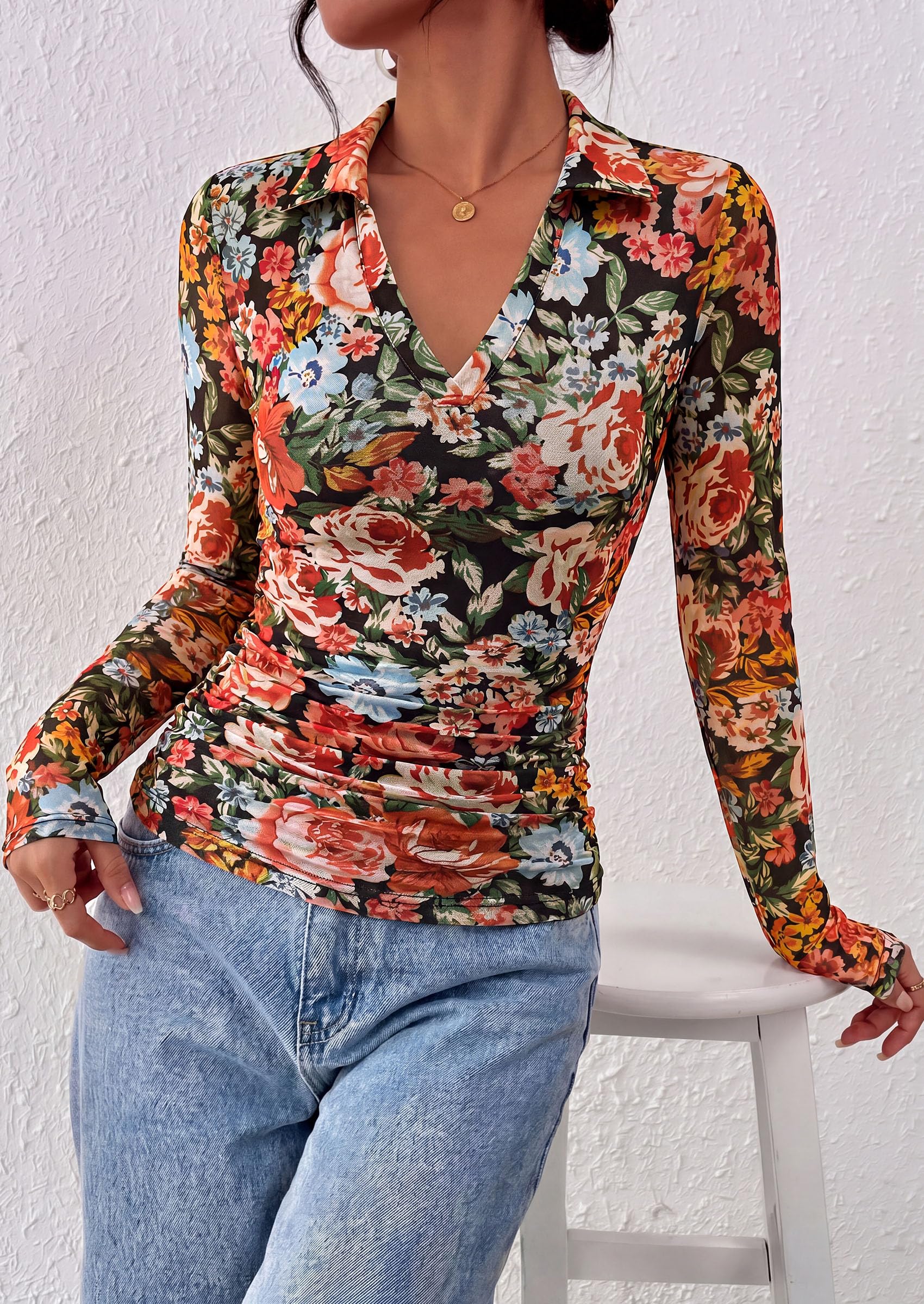 Women's Long Sleeve Boho Floral Mesh Tops Fall V Neck Blouses