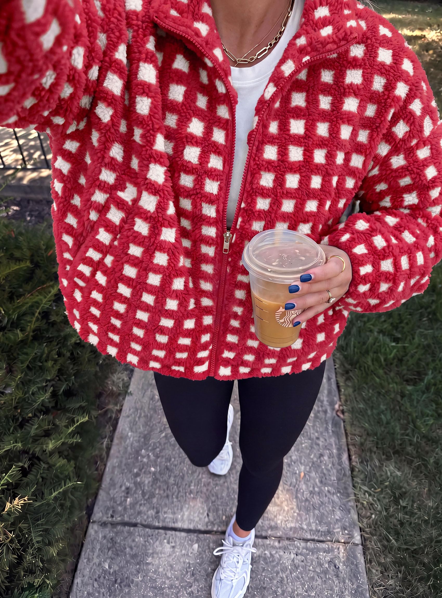 Women's Gingham Sherpa Fleece Jacket Plaid Cropped Teddy Coat