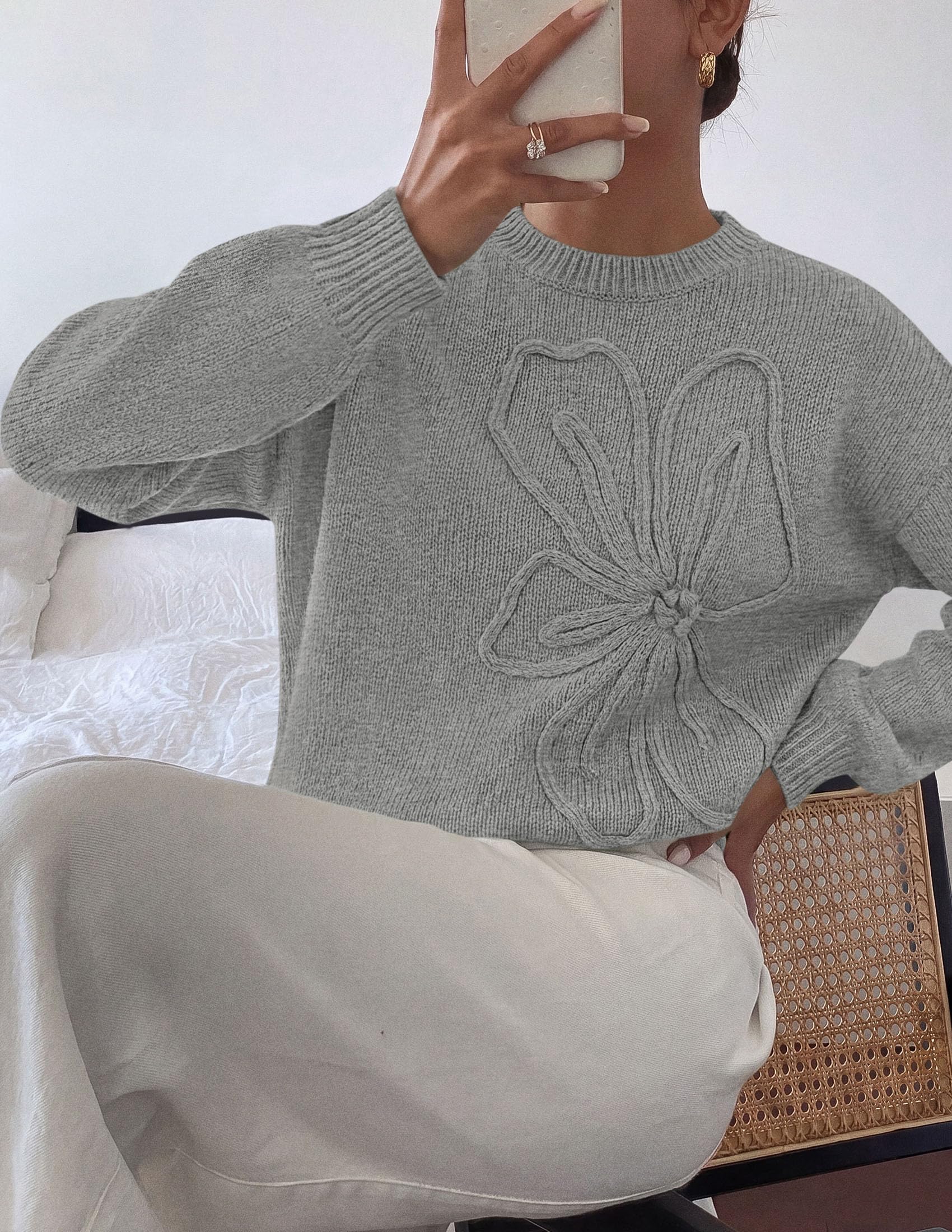 Women's Oversized 3D Floral Knit Sweater,Grey,S