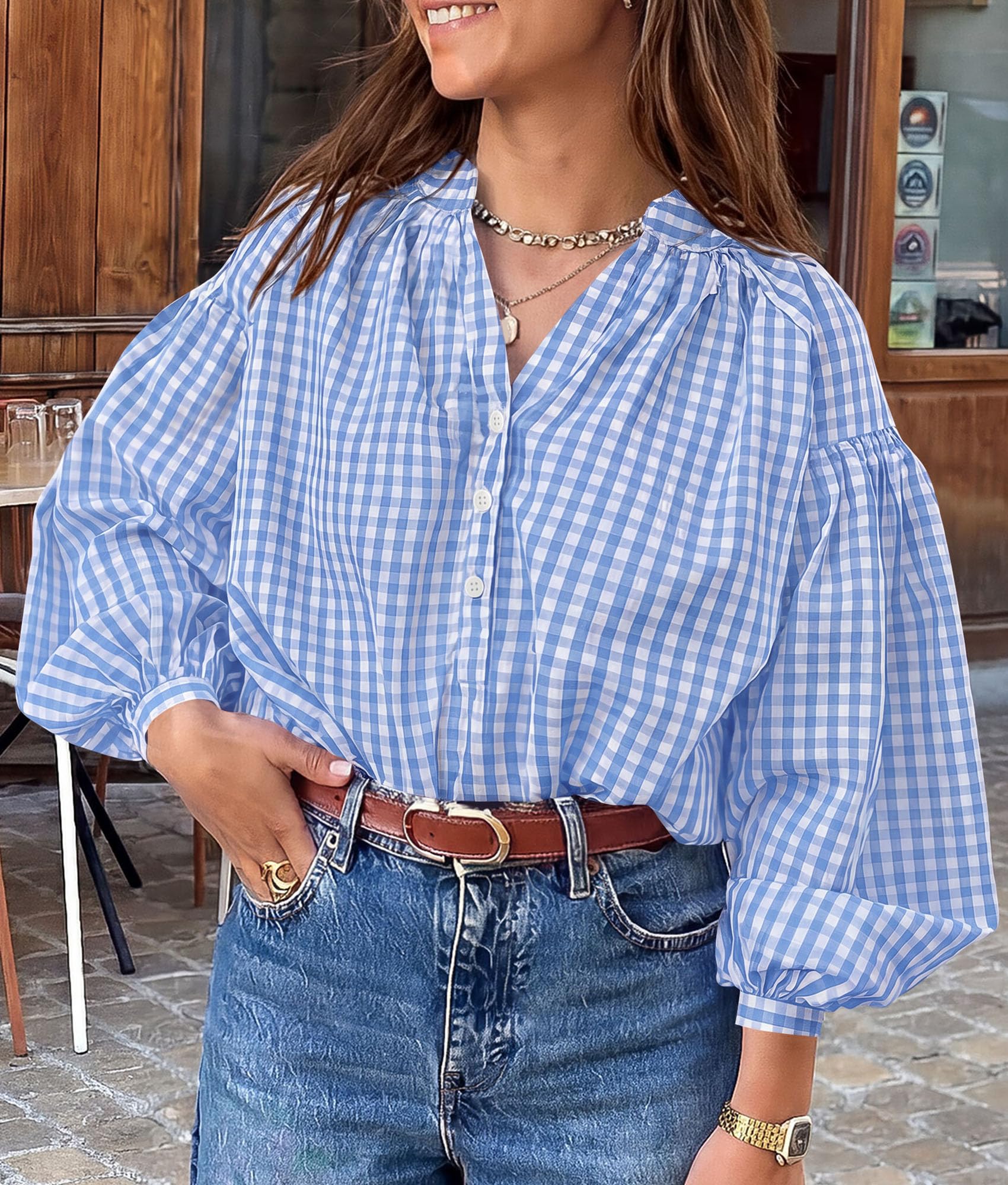 Women Fall Plaid Long Puff Sleeve Shirts V Neck Casual Blouses