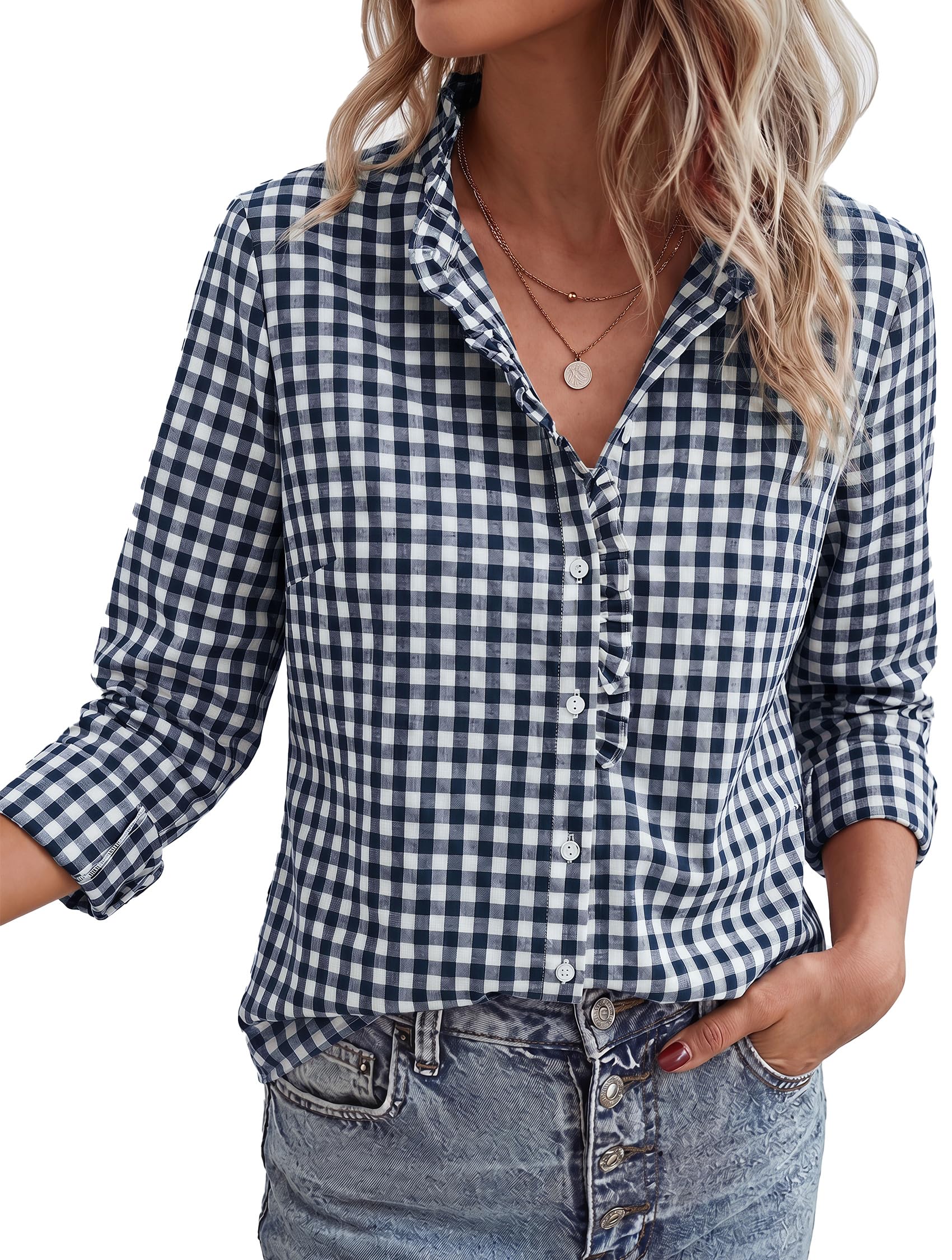 Womens Long Sleeve Button Down Shirts,Navy White,S