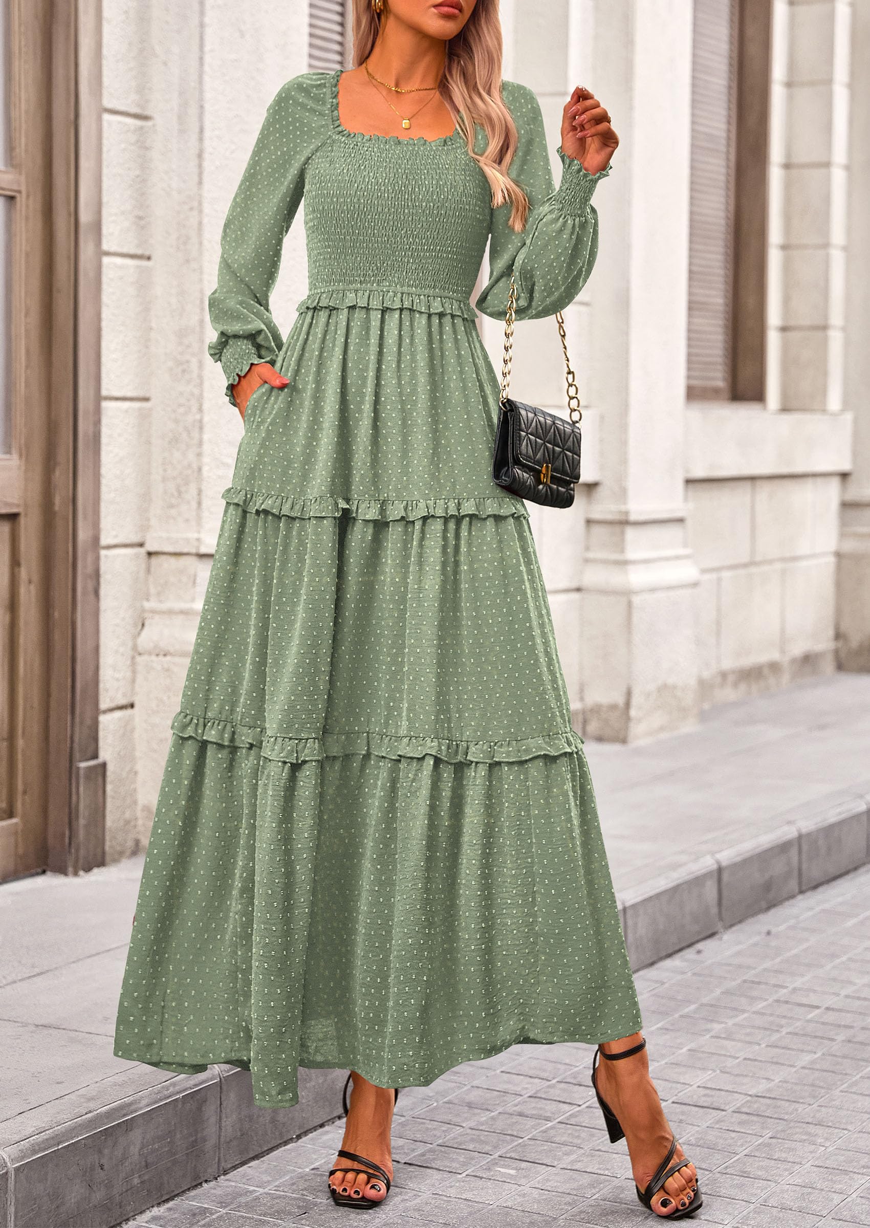 Women's Smocked Long Sleeve Maxi Dress Wedding Guest Dresses