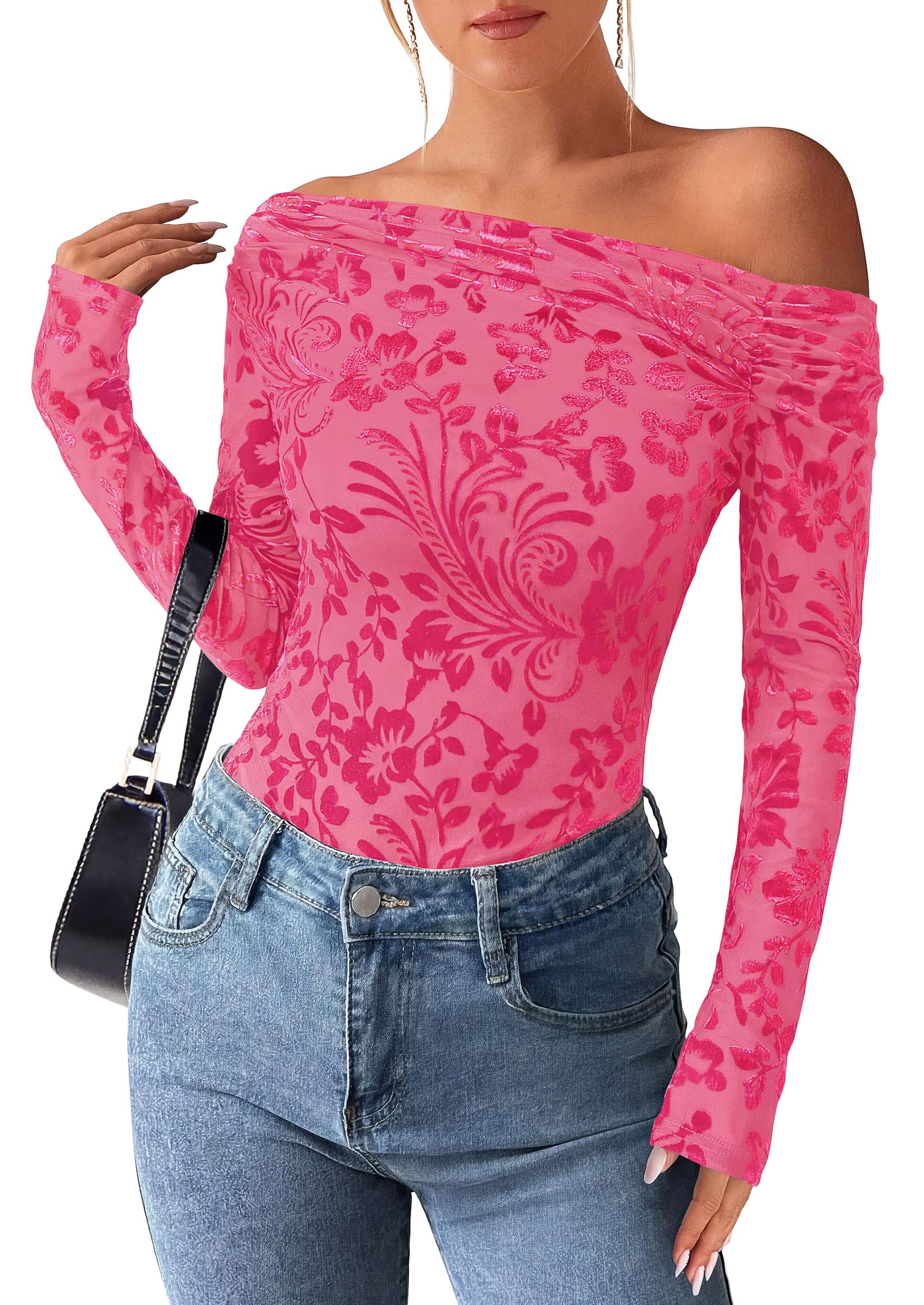 Off the Shoulder Tops for Women Fall Mesh Floral Blouses