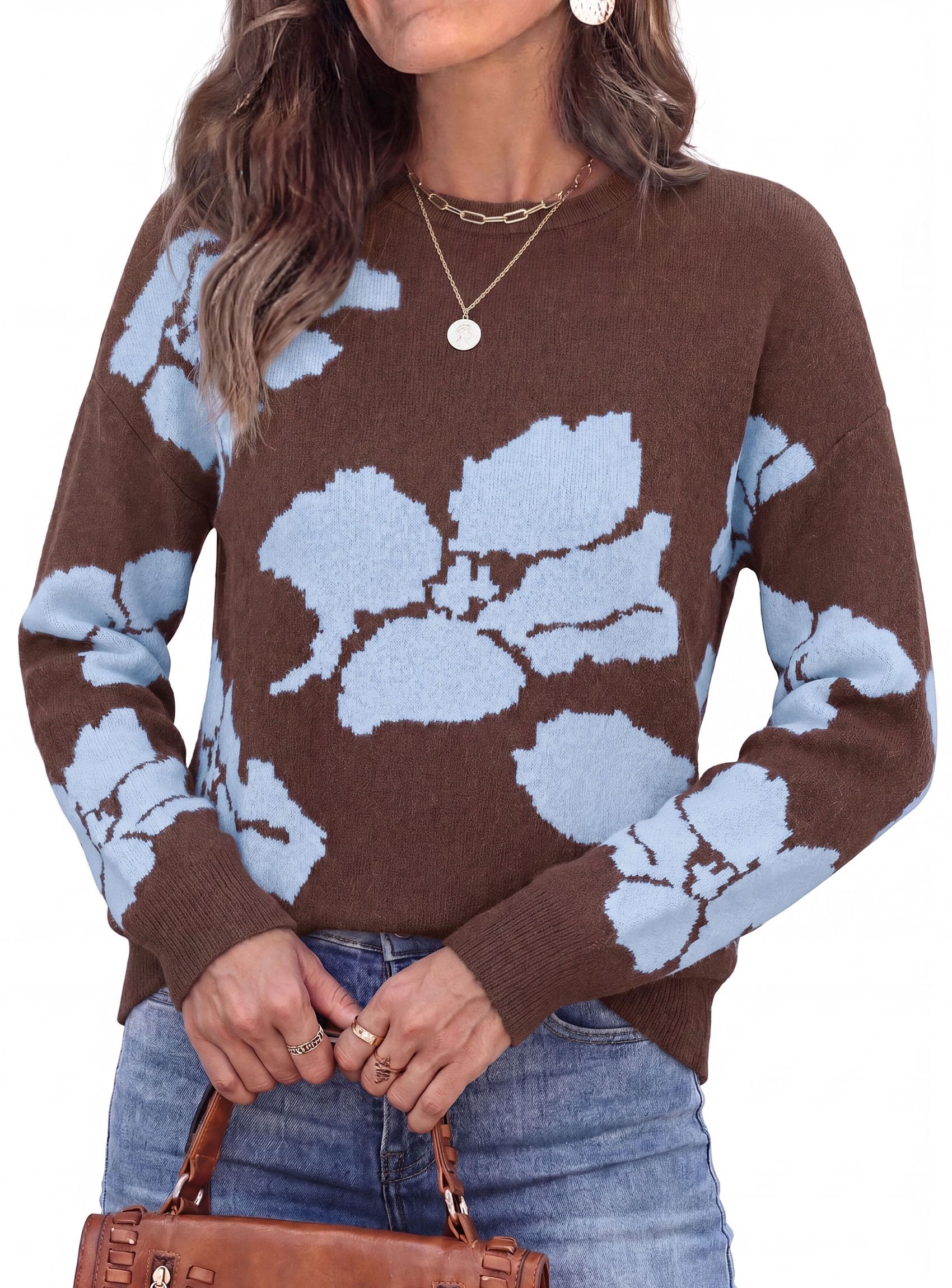 Womens Floral Sweater Crewneck Printed Pullover Tops Brown
