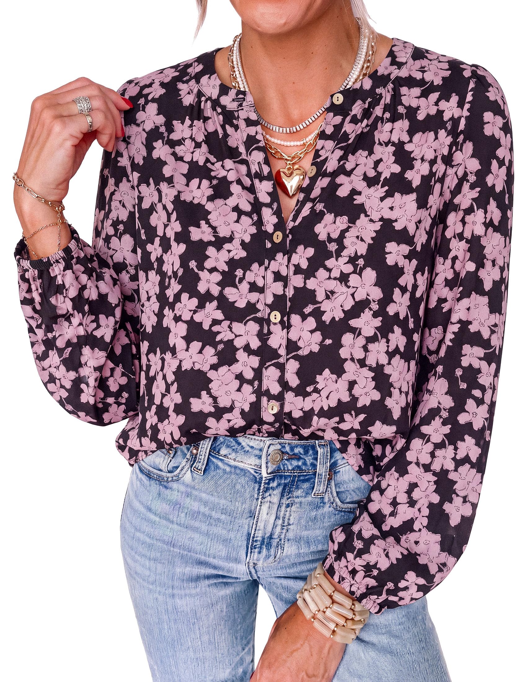 Women's Boho Tops Fall Long Sleeve Button Down Floral Blouses