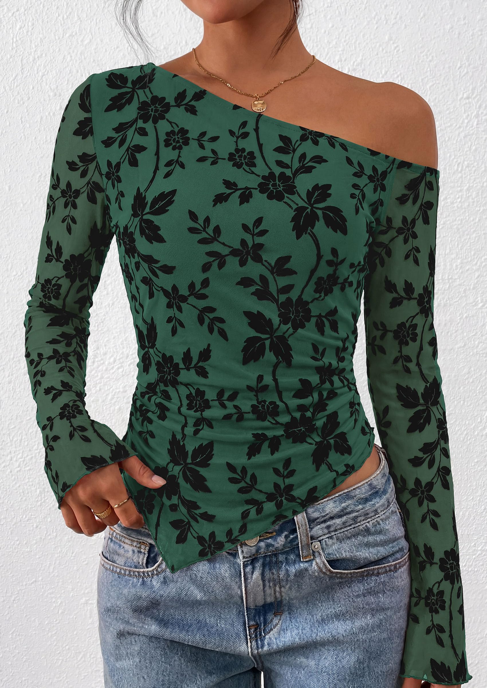 Womens Off Shoulder Mesh Y2k Tops,Dark Green,XS