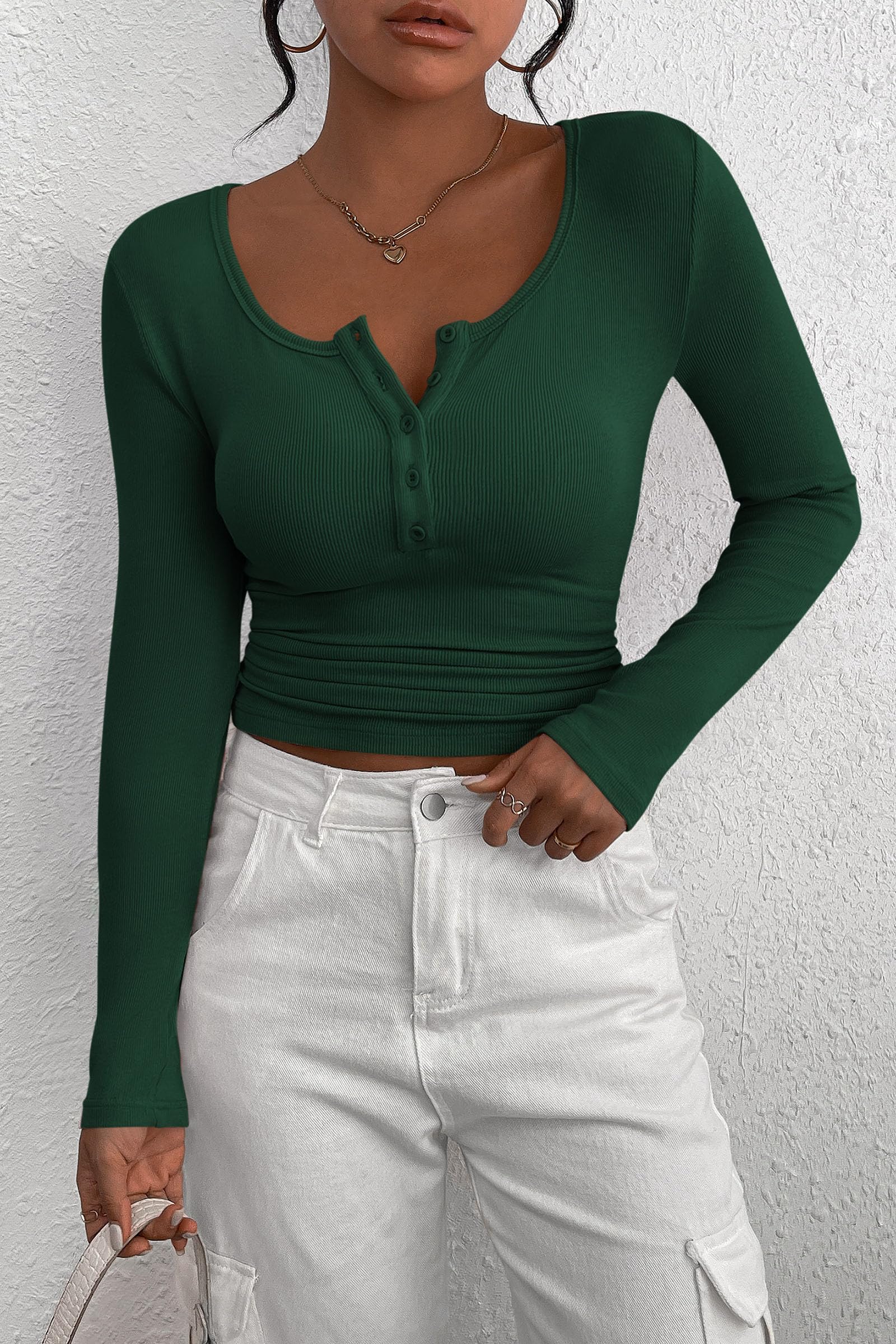 Women's Fall Long Sleeve Henley T Shirts Dark Green