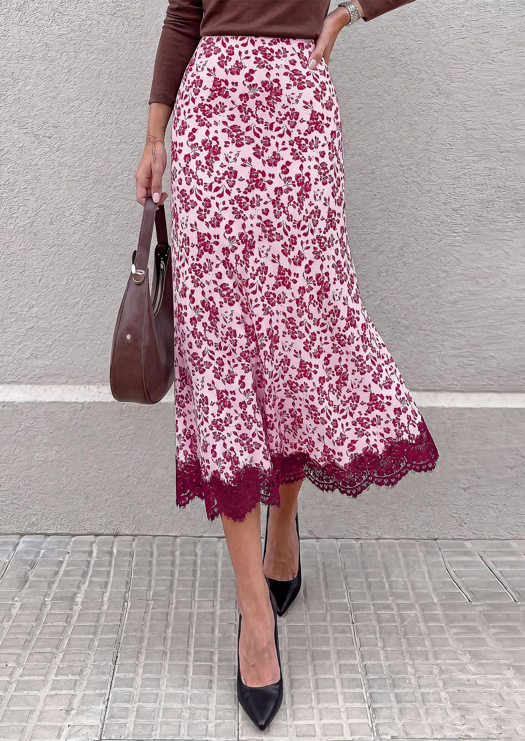 Women's Polka Dot Satin Skirt Fall Flowy Midi Leopard Skirts