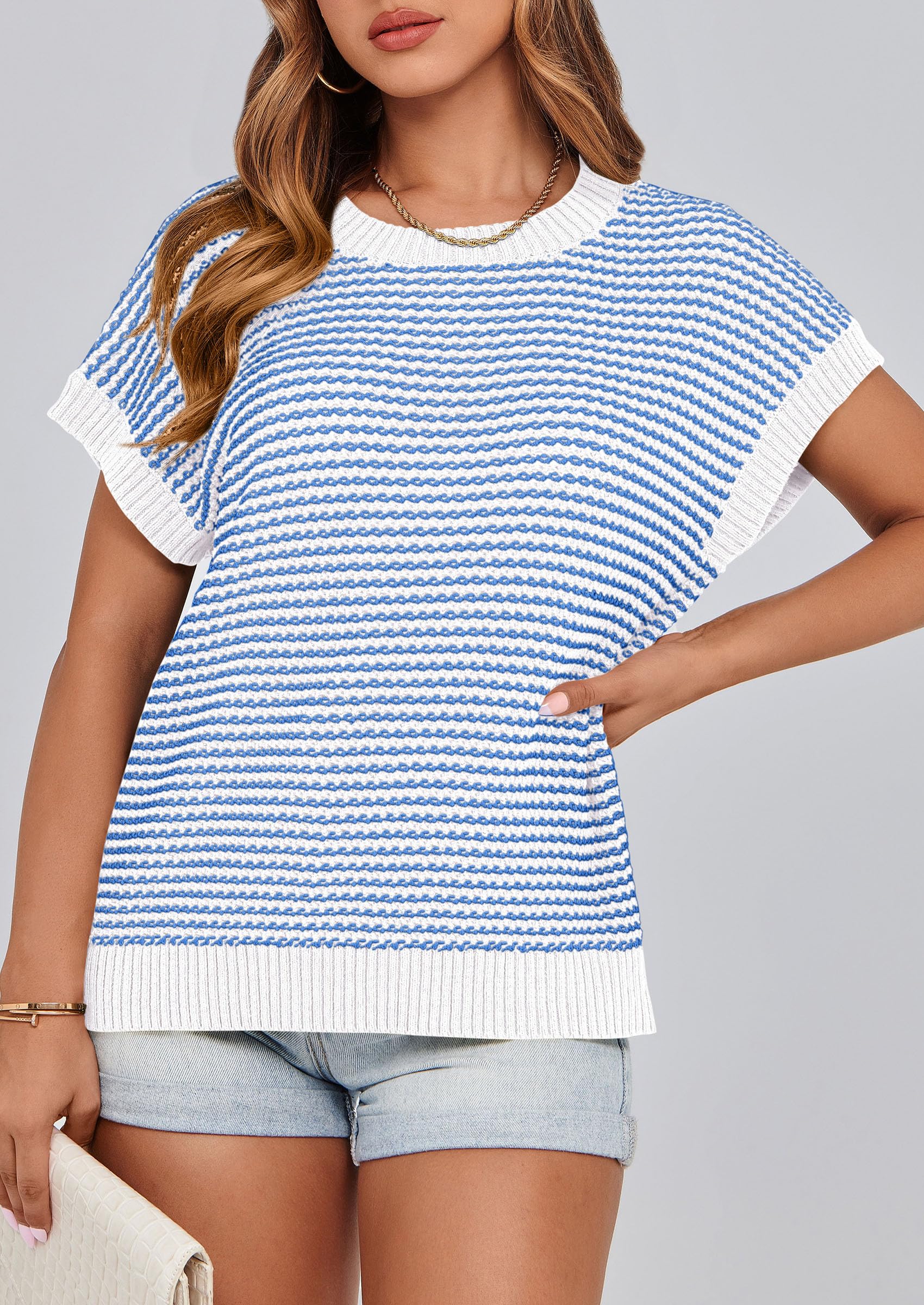 Women's Striped Short Sleeve Sweater Vest Blue,S