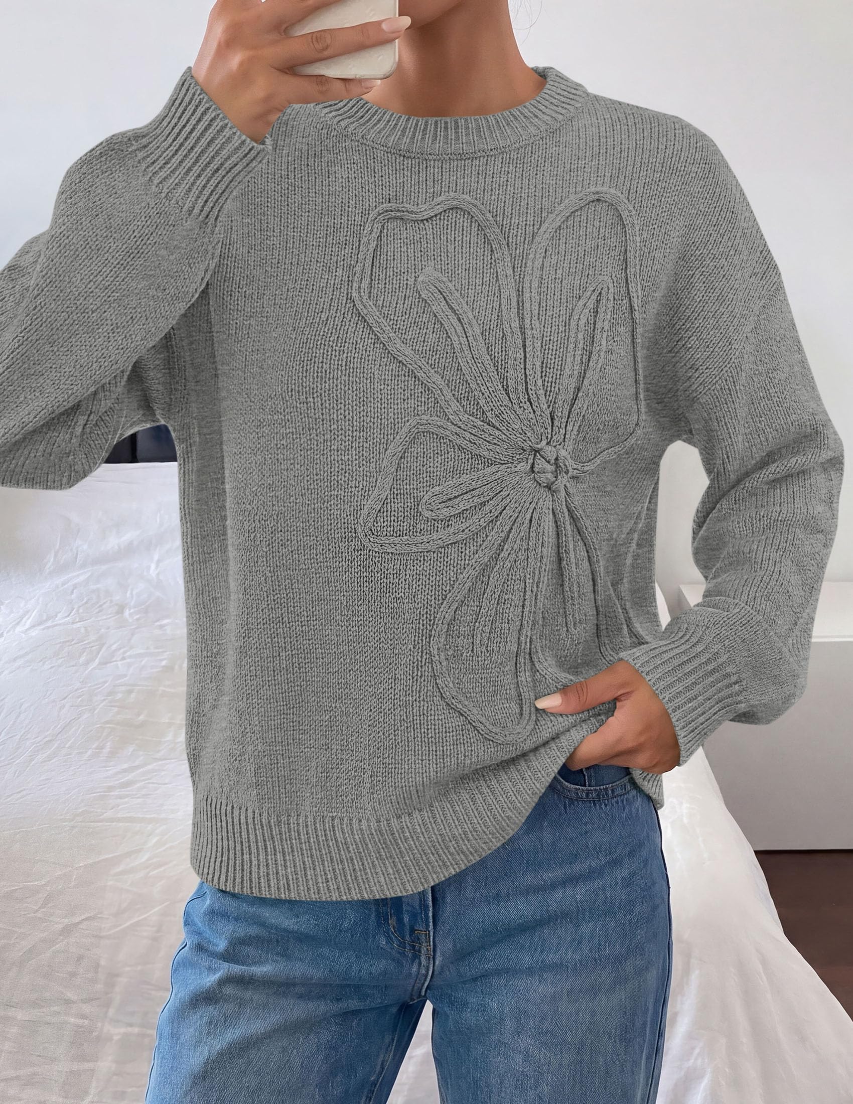 Women's Oversized 3D Floral Knit Sweater,Grey,S