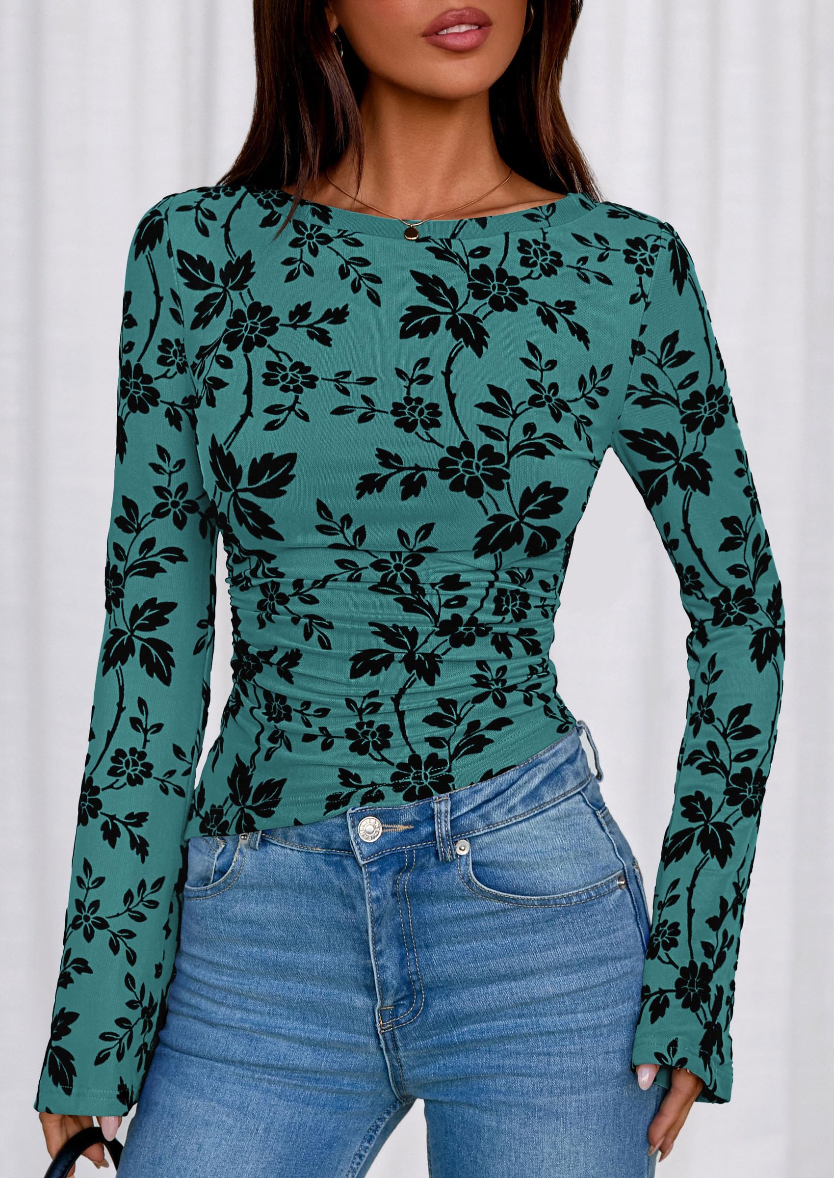 Women's Long Bell Sleeve Y2K Tops Boho Floral Mesh Blouses