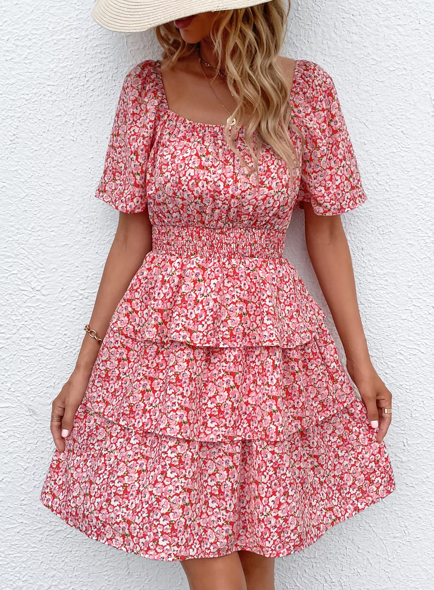Women's 2025 Floral Summer Short Dress Square Neck Short Sleeve Tiered Ruffle Boho Swing Dresses (Red Pink Floral,Small)