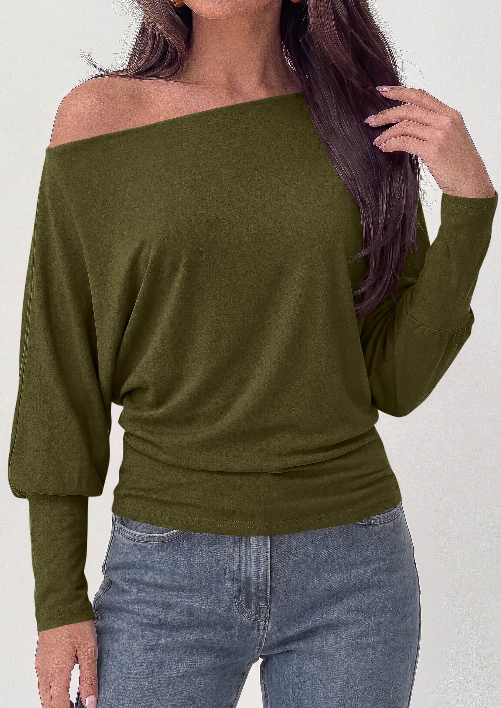 Womens Off The Shoulder Batwing Long Sleeve Top,Army Green,S
