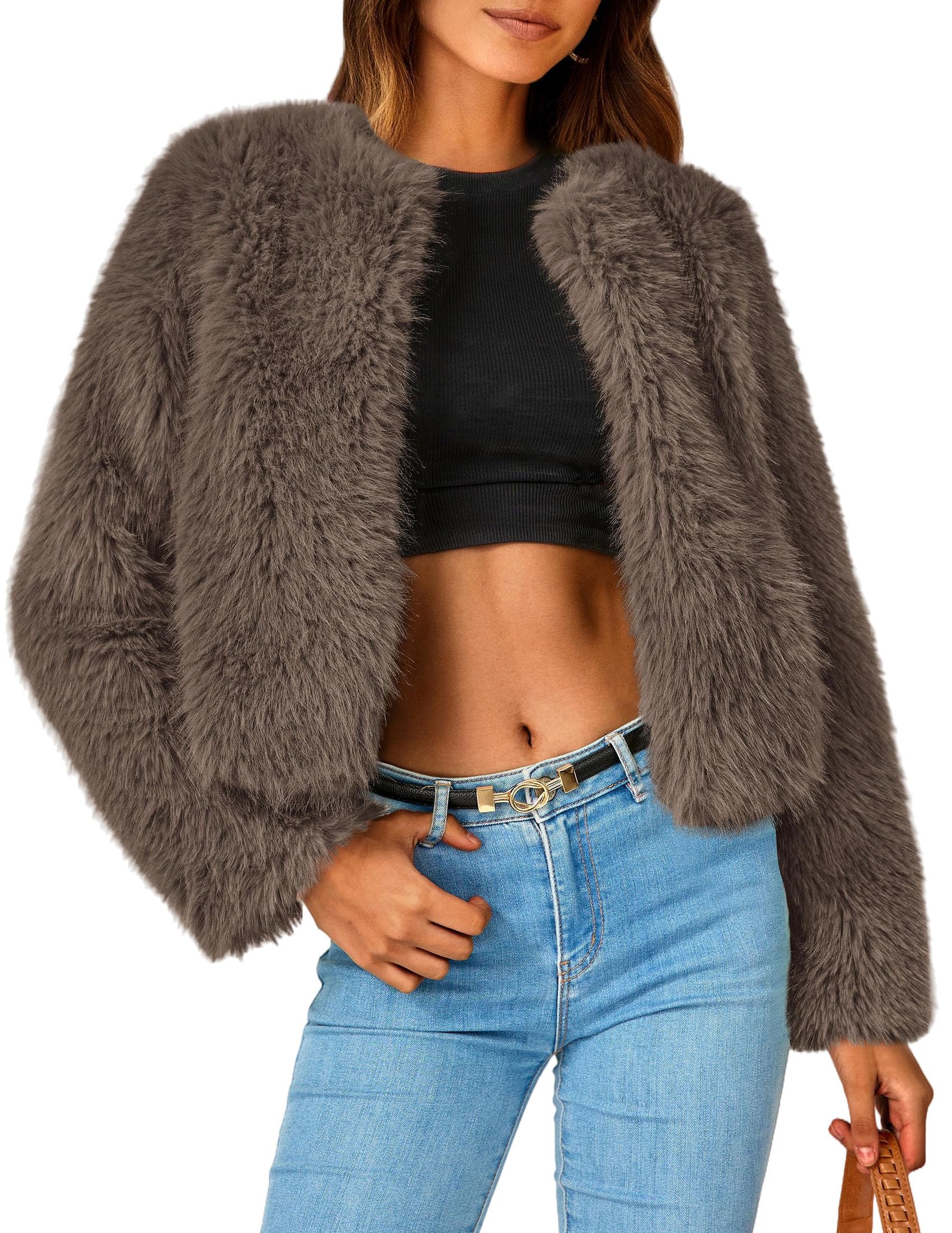 Women's Winter Cropped Faux Fur Coats(Taupe,Small)