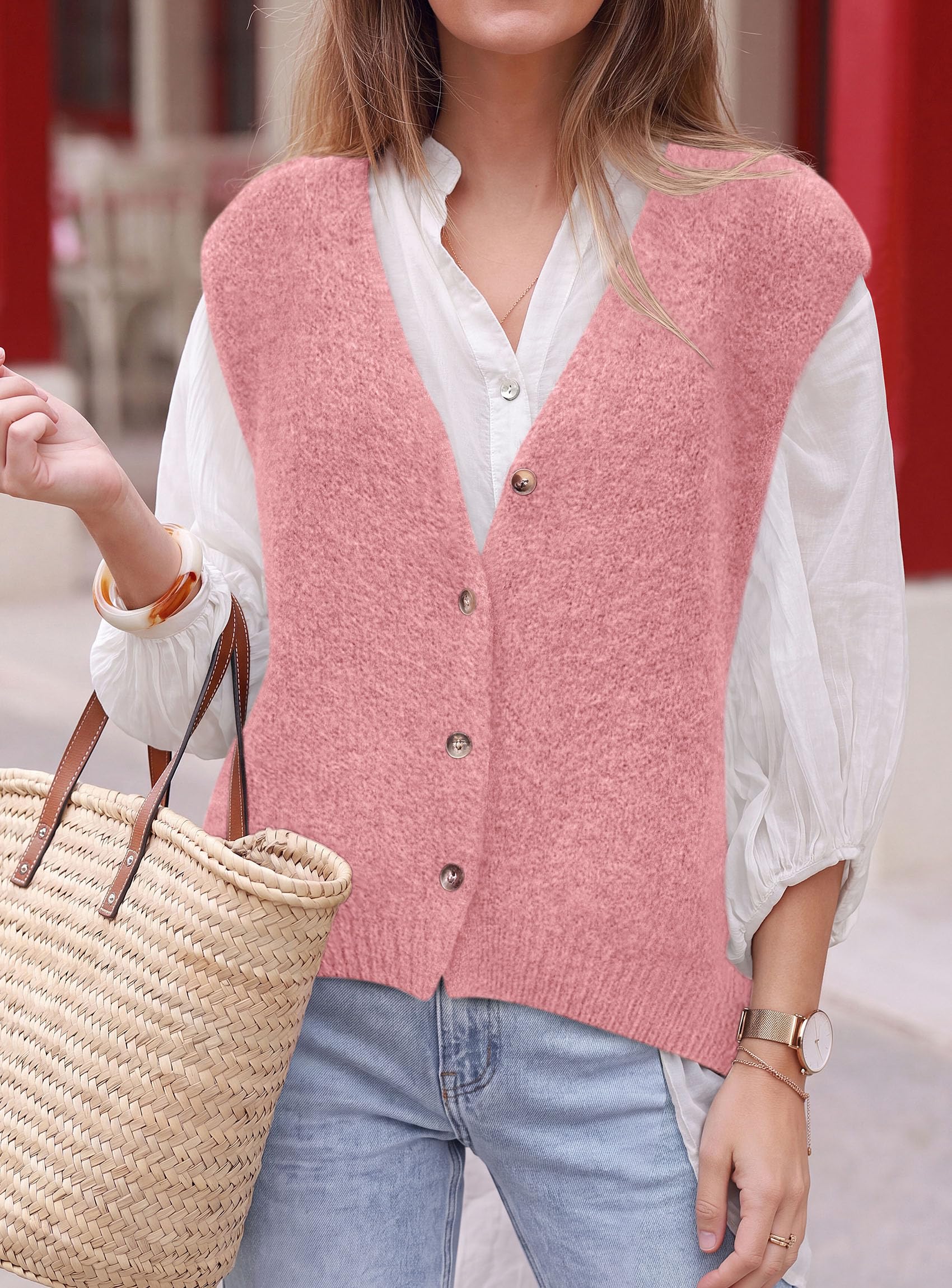 Womens Fall Sleeveless Button Down Sweater Vest,Pink,S