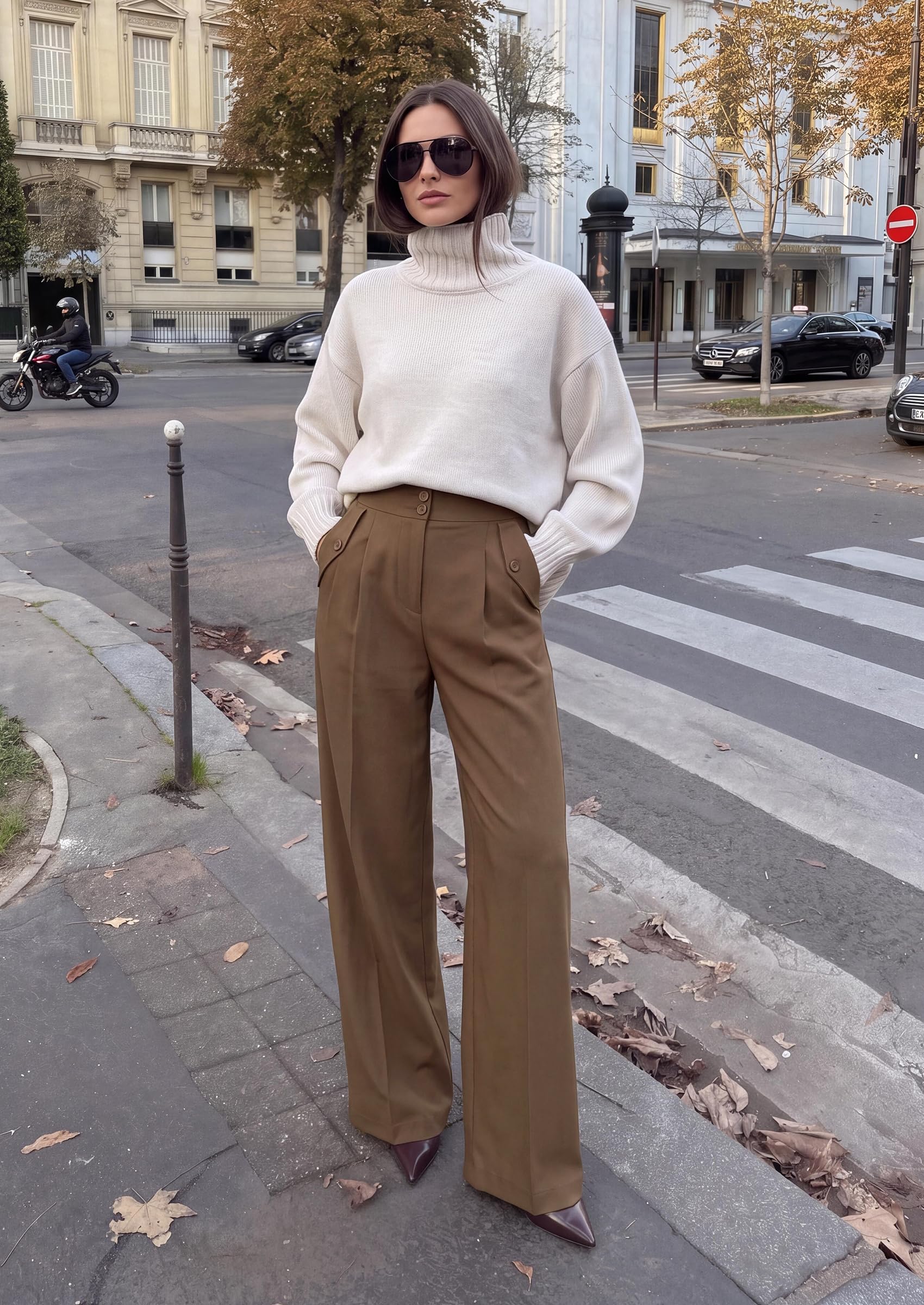 Women's Wide Leg Work Dress Pants Trousers (Brown,S)