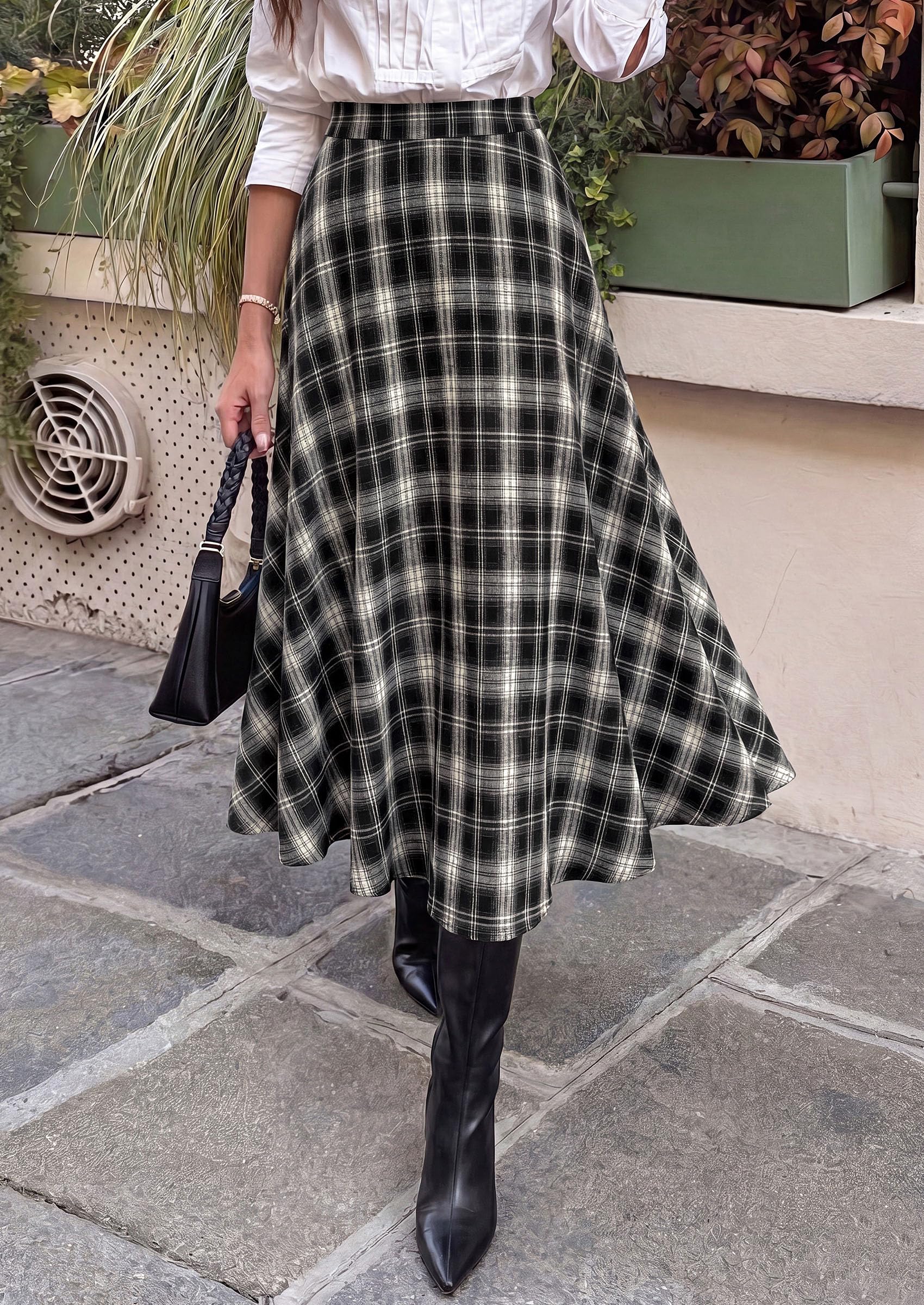 Women's Plaid High Waisted A-Line Midi Skirts,Black,M