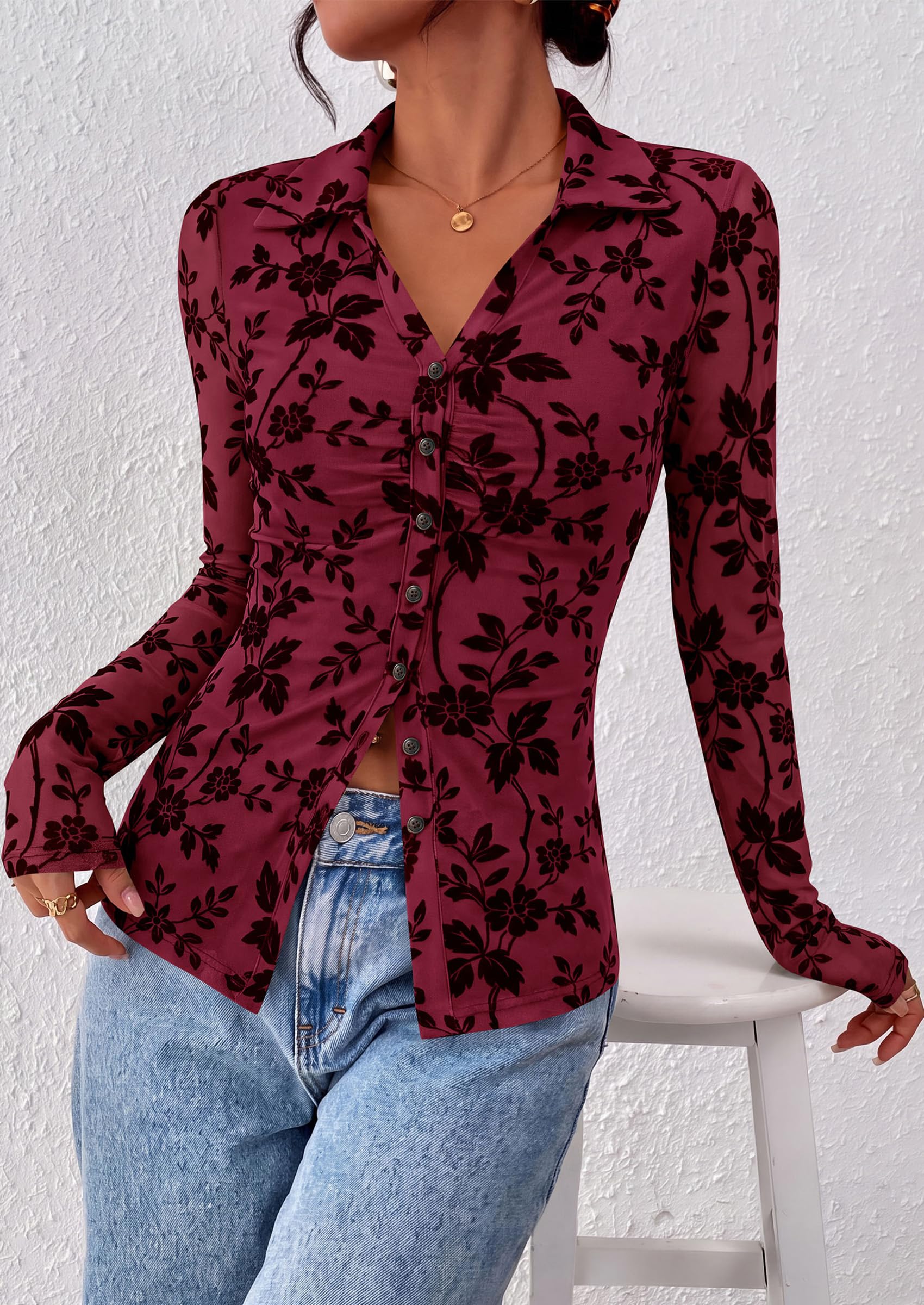 Women's Long Sleeve Floral Mesh Boho Tops Button Down Shirts