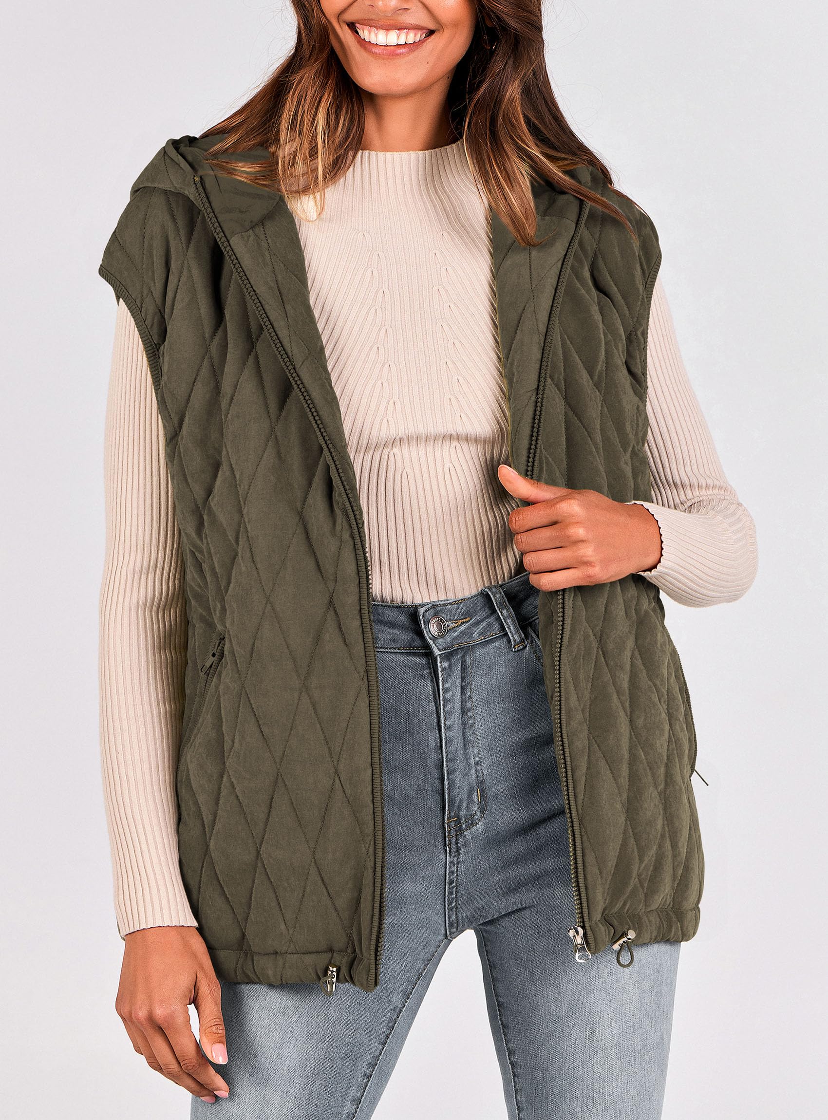 Women's Fall Fashion Vest Zip Up Jacket(Army Green,Small)