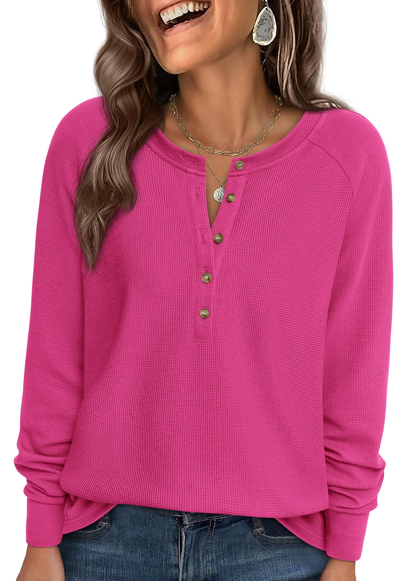 Women's Long Sleeve Waffle Knit Henley Shirts Loose Tunic Tops