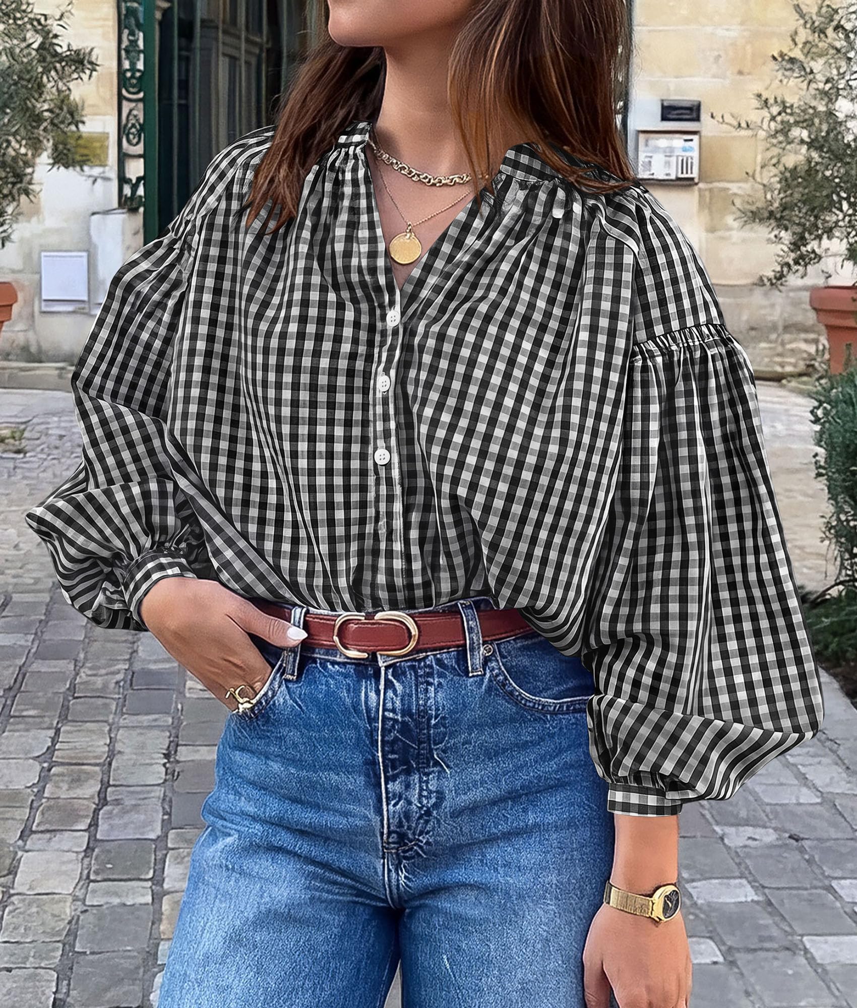 Women Fall Plaid Long Puff Sleeve Shirts V Neck Casual Blouses