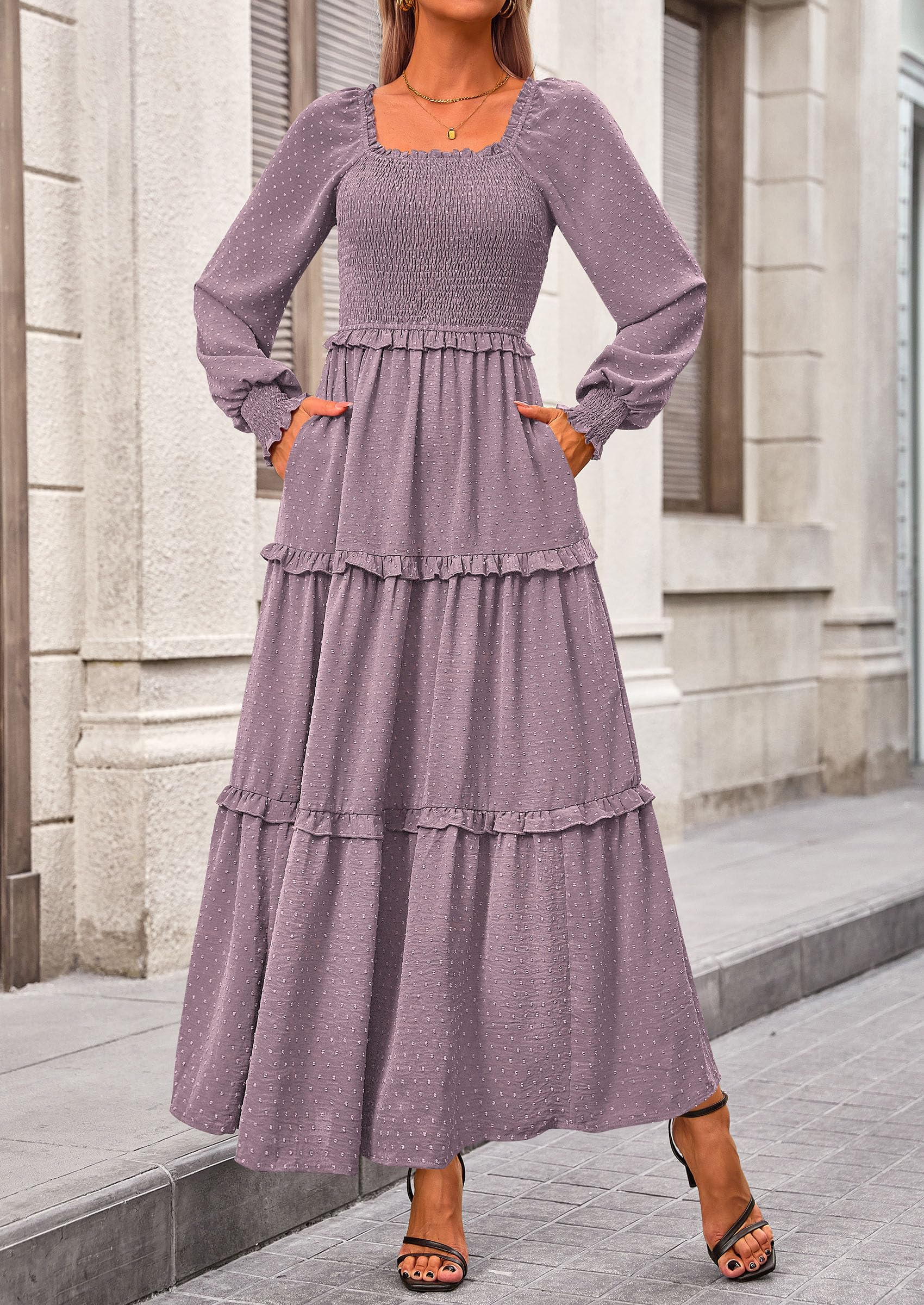 Women's Smocked Long Sleeve Maxi Dress Wedding Guest Dresses