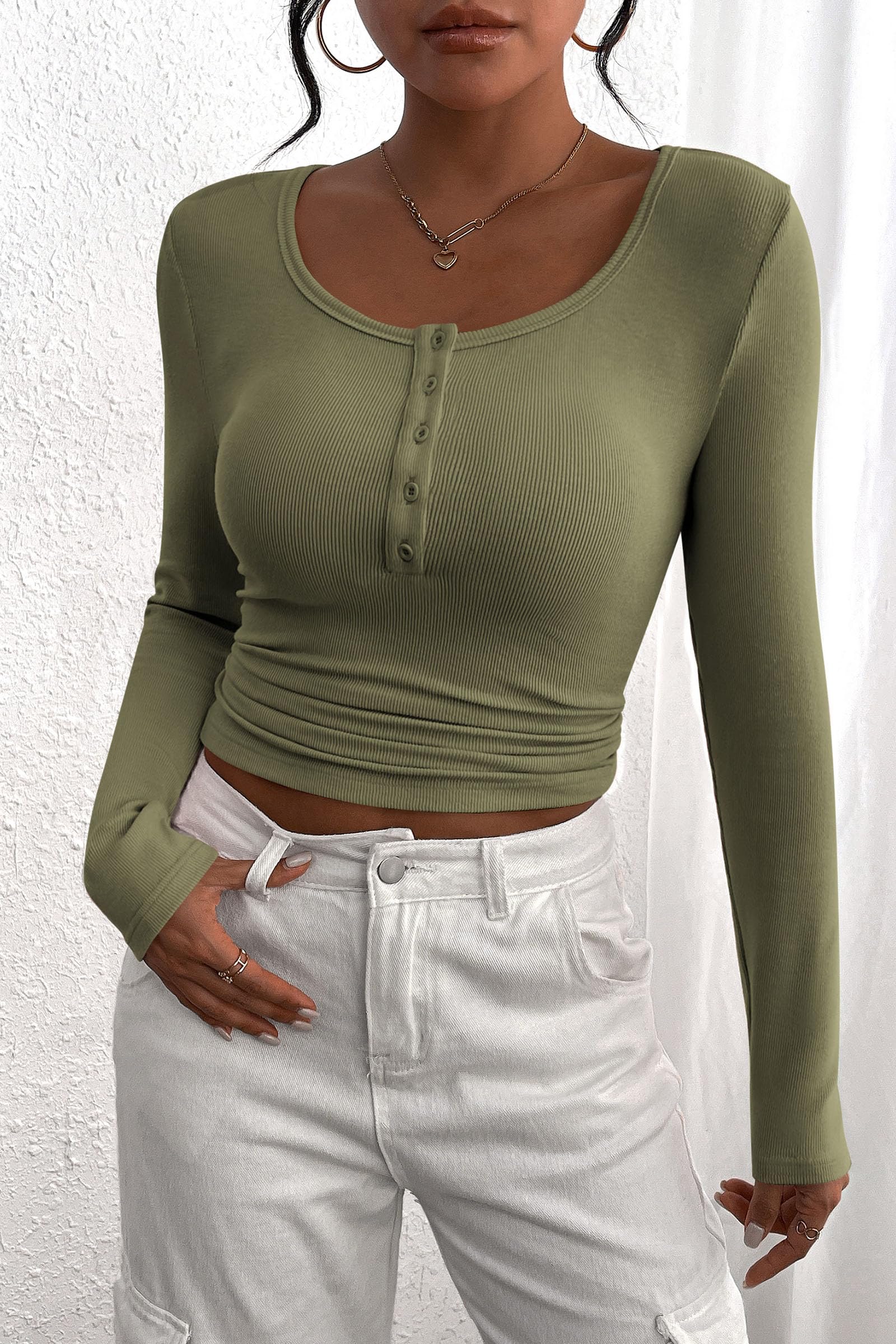 Women's Fall Long Sleeve Henley T Shirts Grey Green