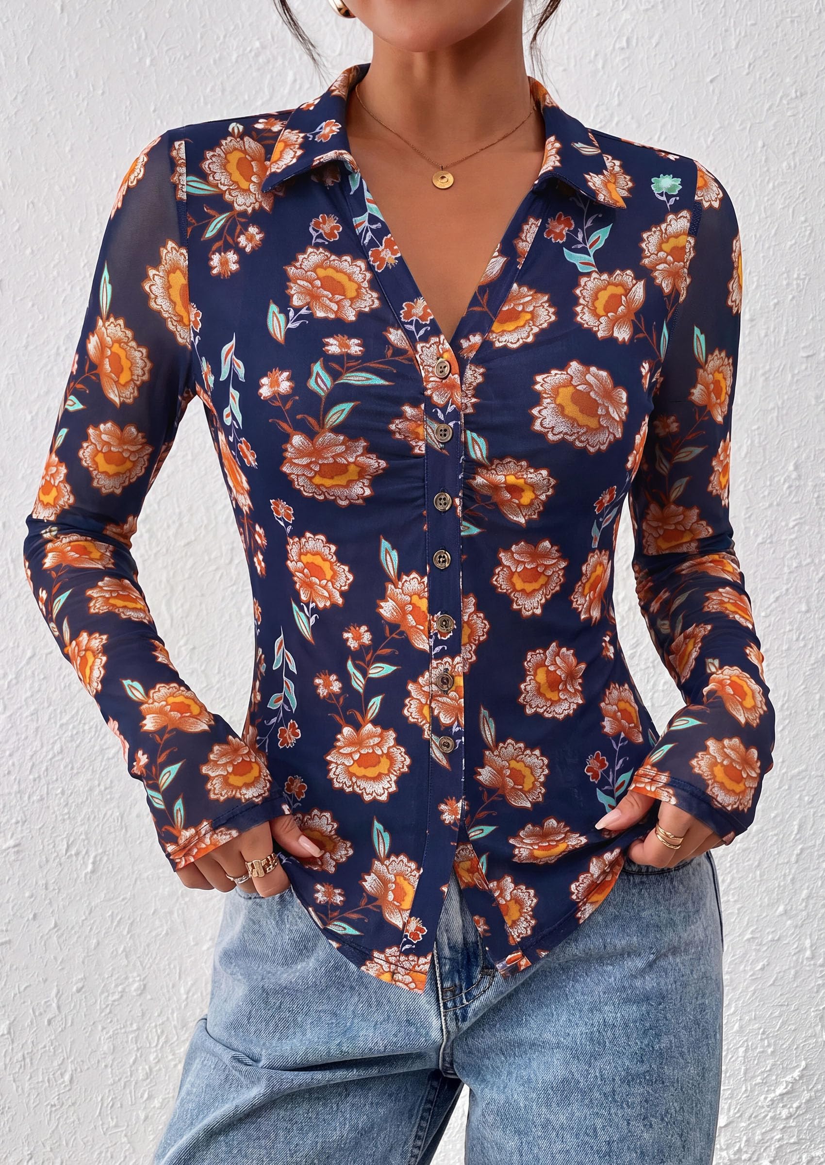 Women's Button Down Shirts Boho Mesh Floral Going Out Tops