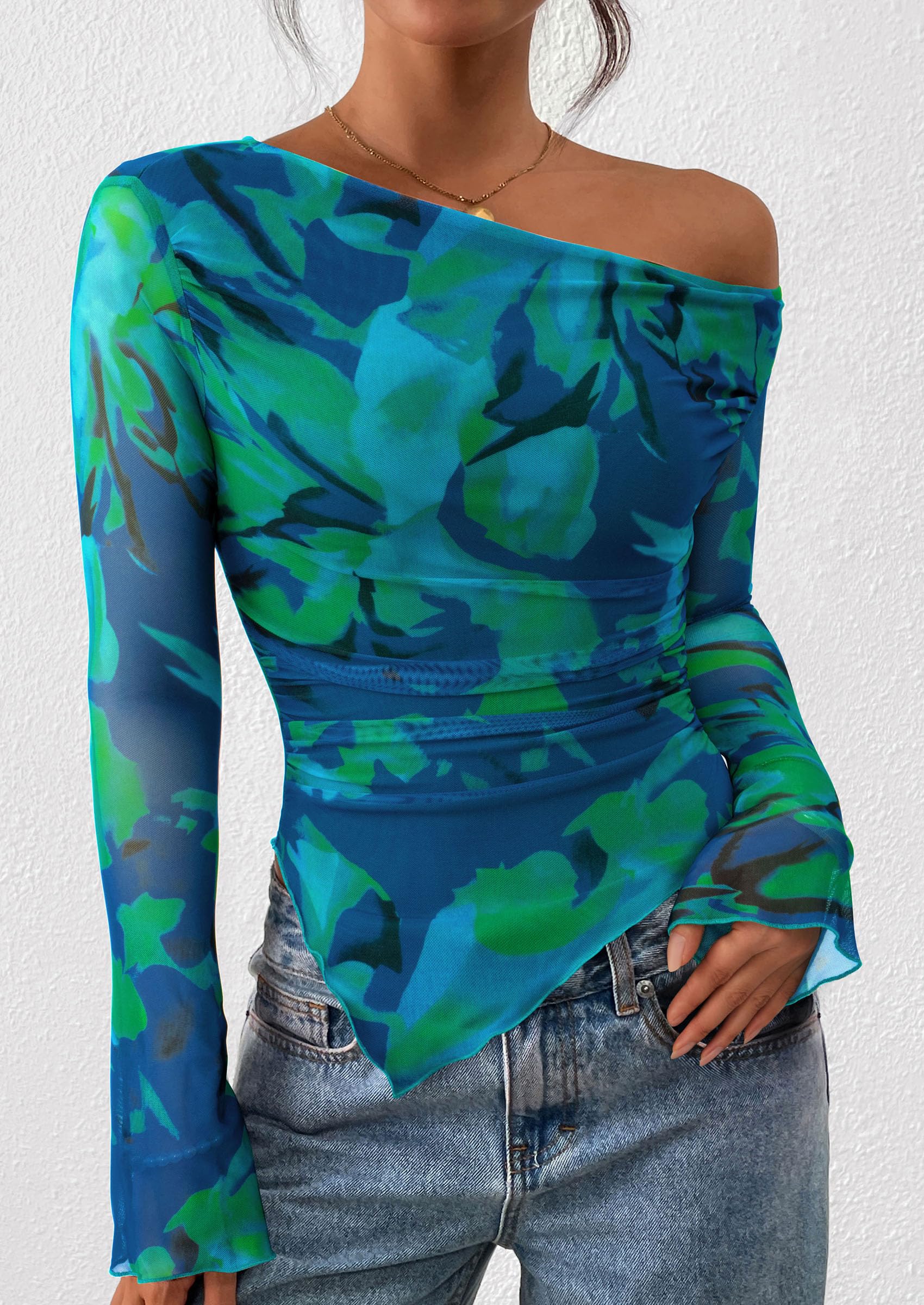 Womens Off Shoulder Mesh Y2k Tops,Floral Green,XS