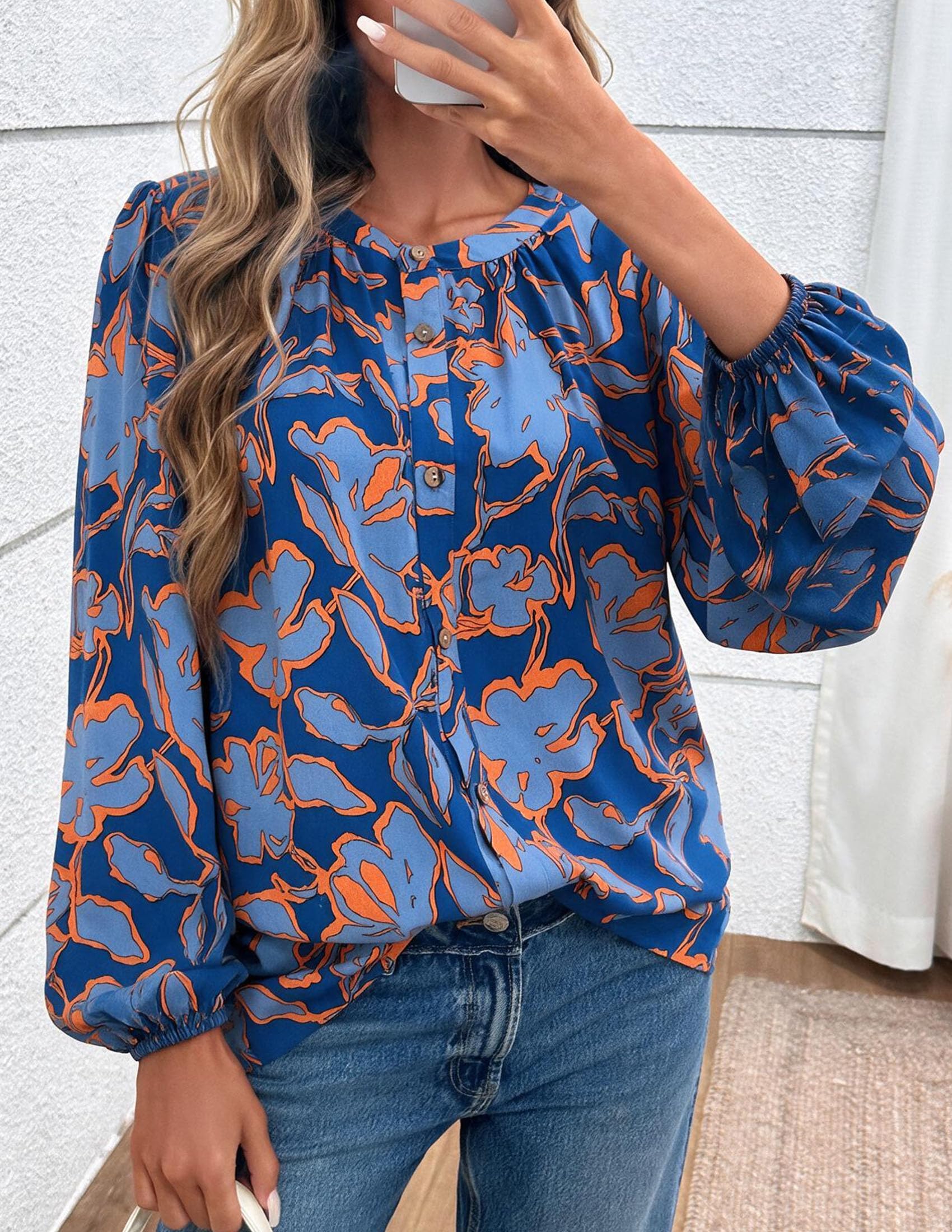 Women's Boho Tops Fall Long Sleeve Button Down Floral Blouses