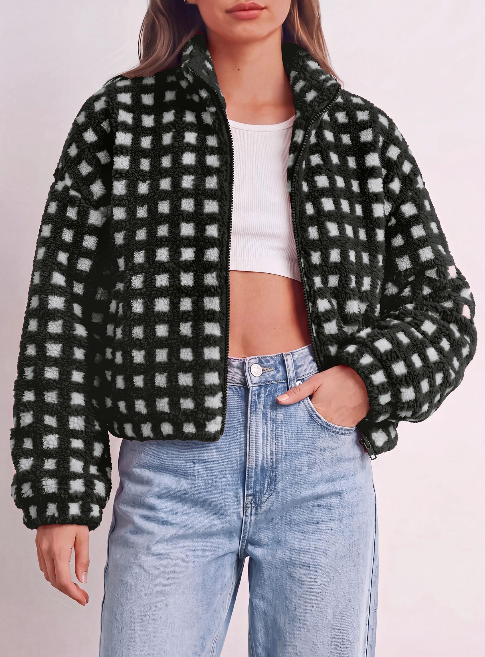 Women's Gingham Sherpa Fleece Jacket Plaid Cropped Teddy Coat
