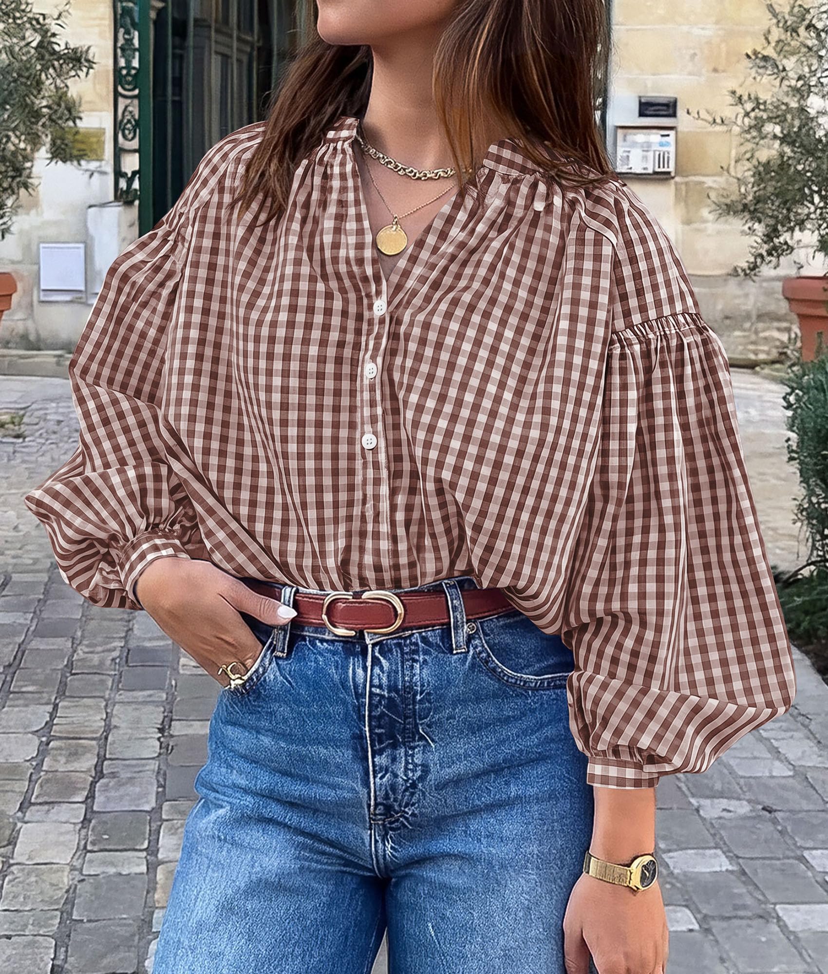 Women Fall Plaid Long Puff Sleeve Shirts V Neck Casual Blouses