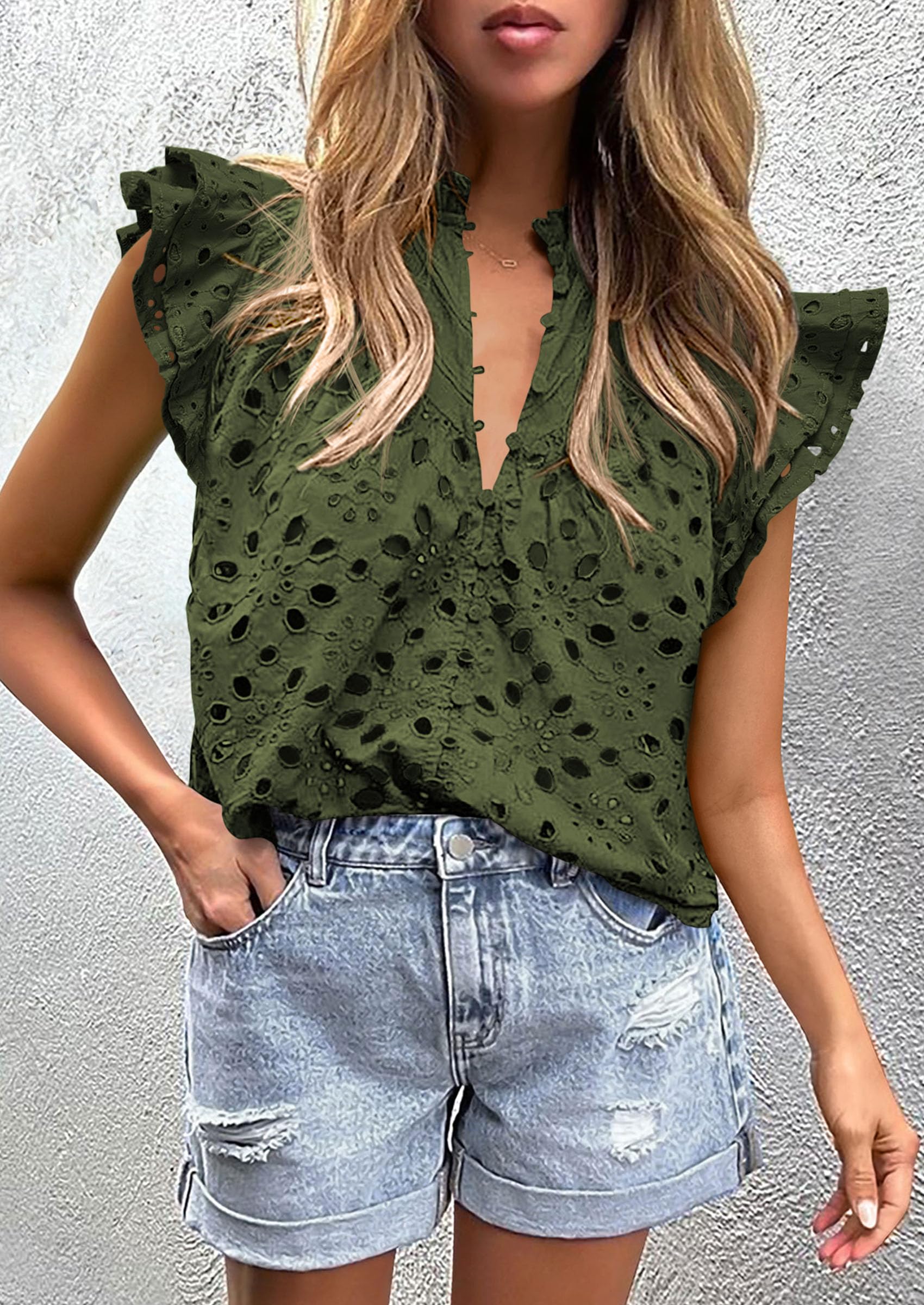 Women's Eyelet V Neck Summer Tops Dressy Casual Army Green,L