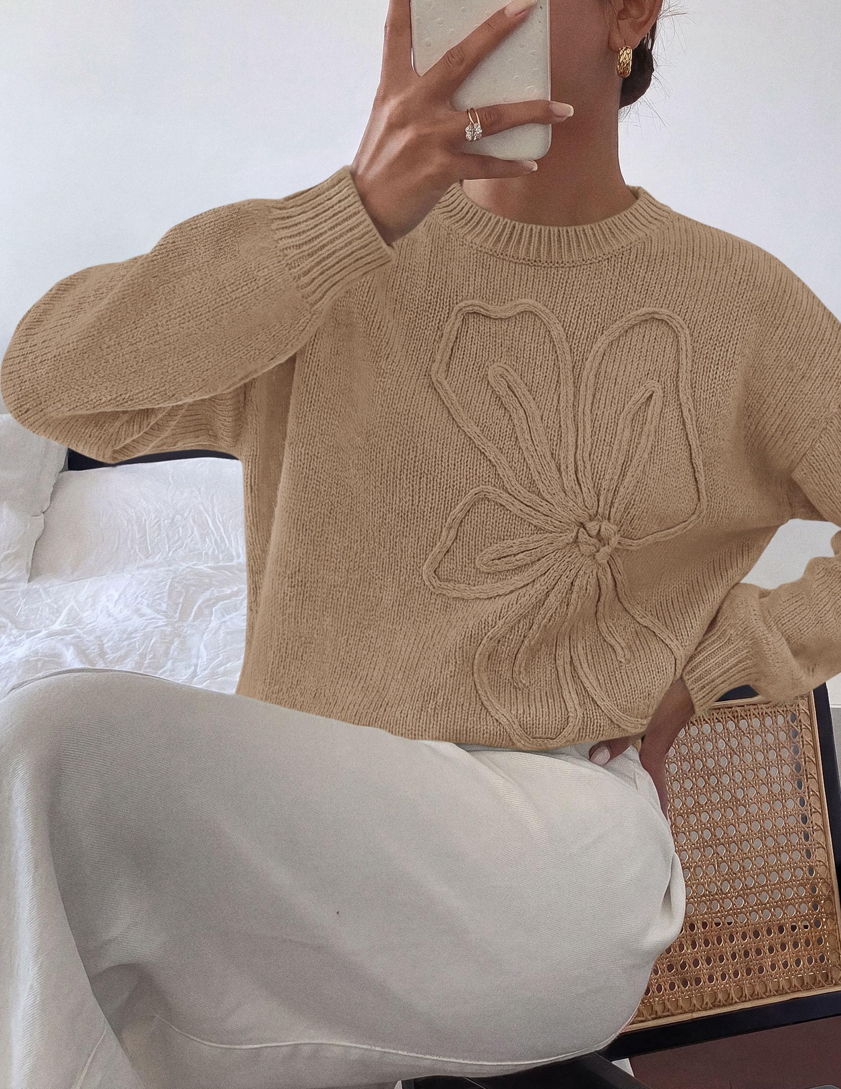 Women's Oversized 3D Floral Knit Sweater,Grey Khaki,S
