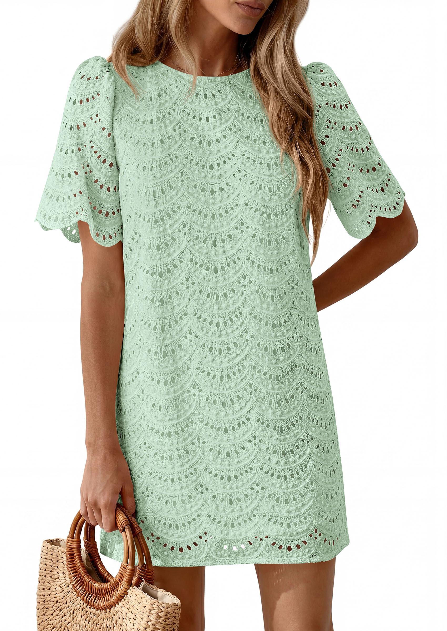 Women's Summer Eyelet Lace Short Dress (Light Green,S)