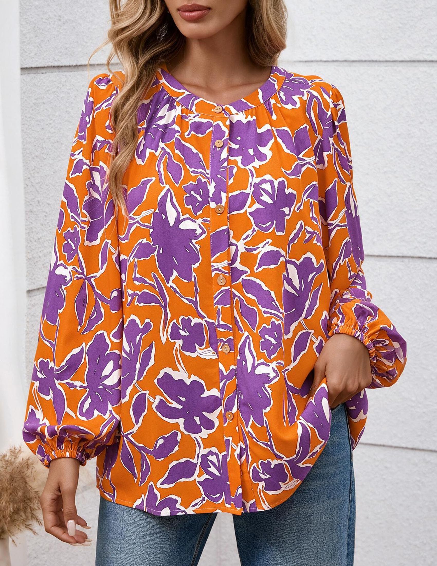 Women's Boho Tops Fall Long Sleeve Button Down Floral Blouses