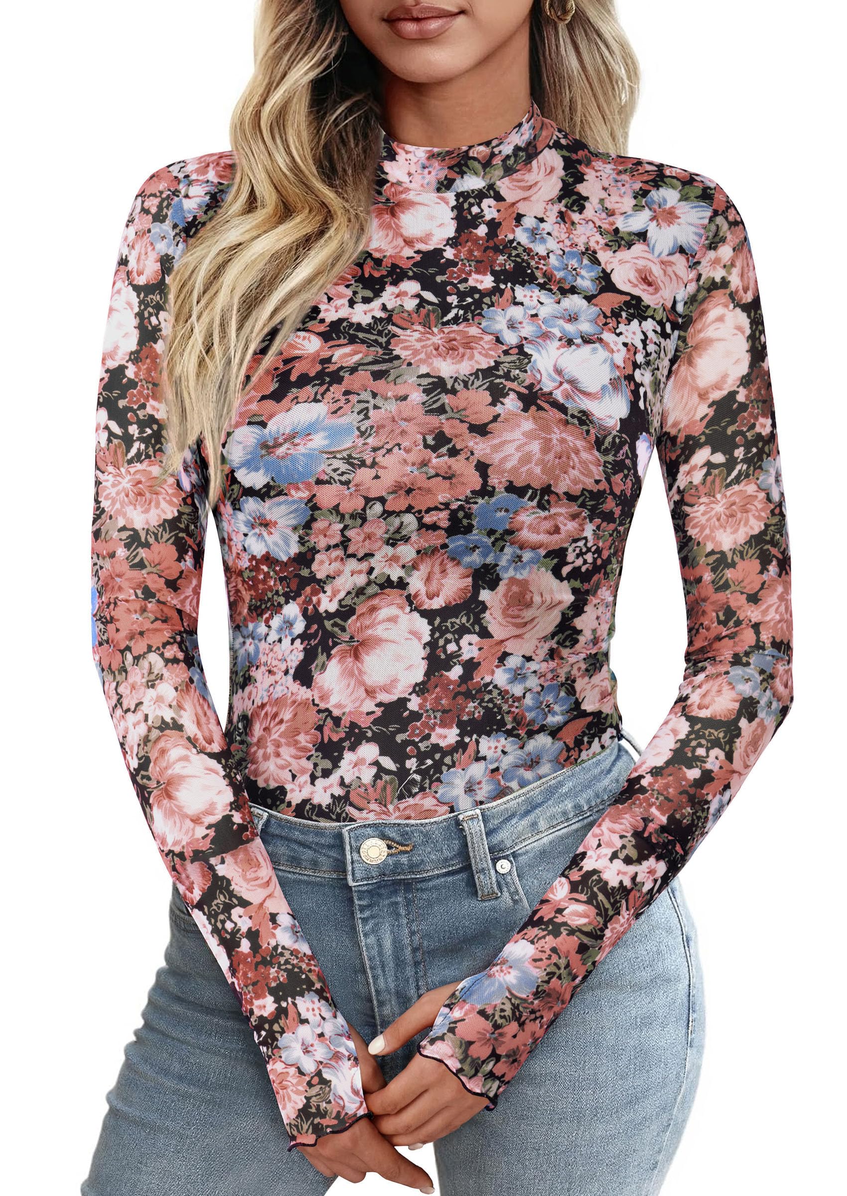 Womens Floral Mesh Long Sleeve Tops Fall Slim Fitted Shirts