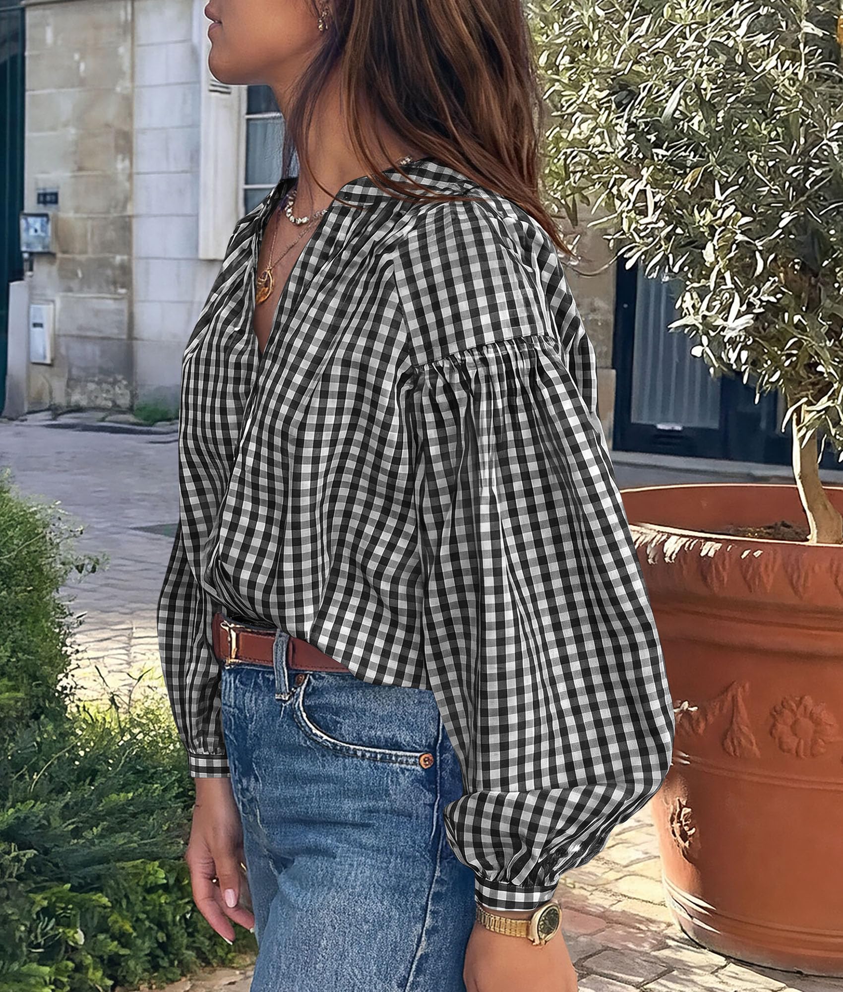 Women Fall Plaid Long Puff Sleeve Shirts V Neck Casual Blouses