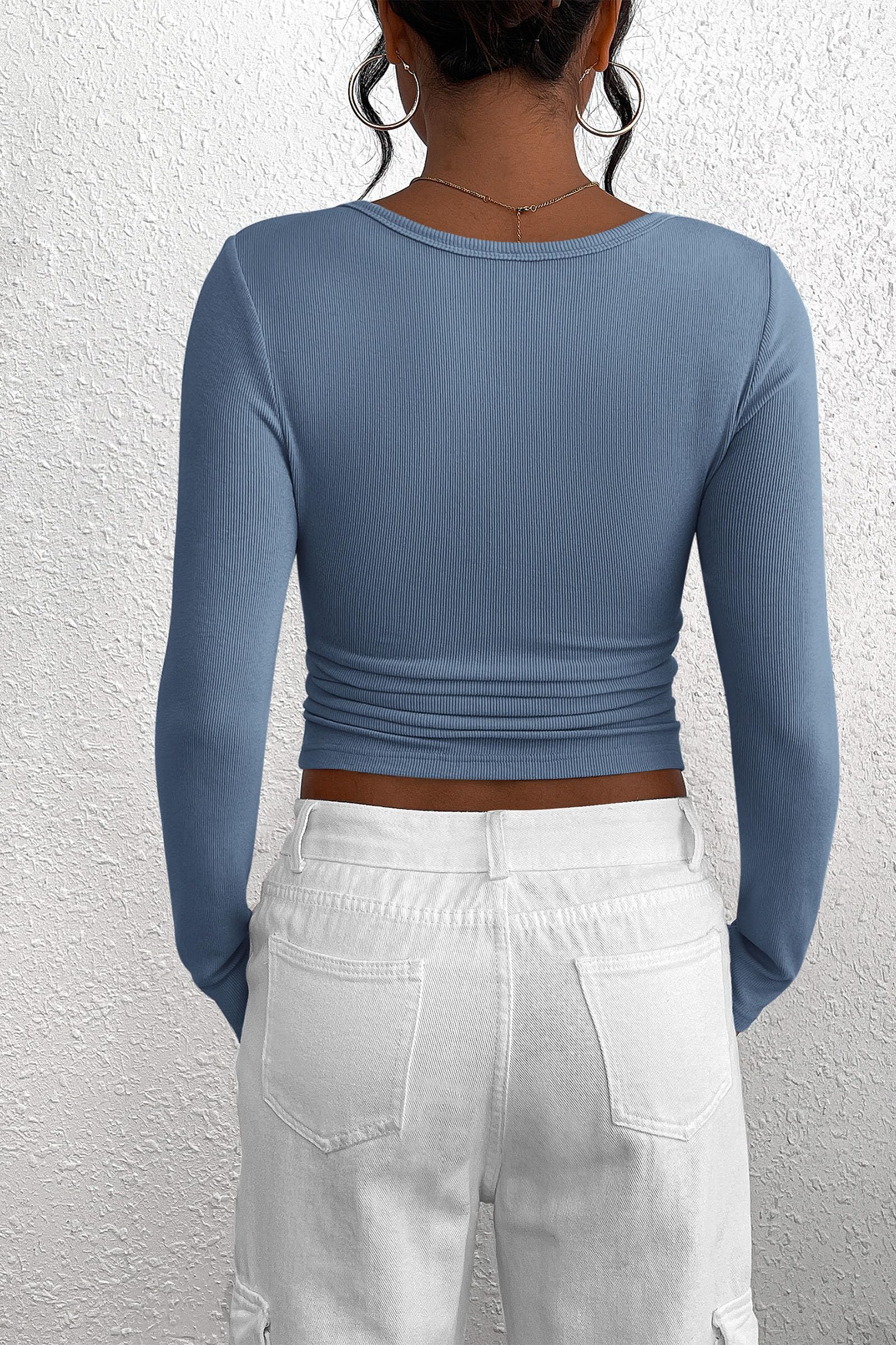 Women's Fall Long Sleeve Henley T Shirts Blue Grey