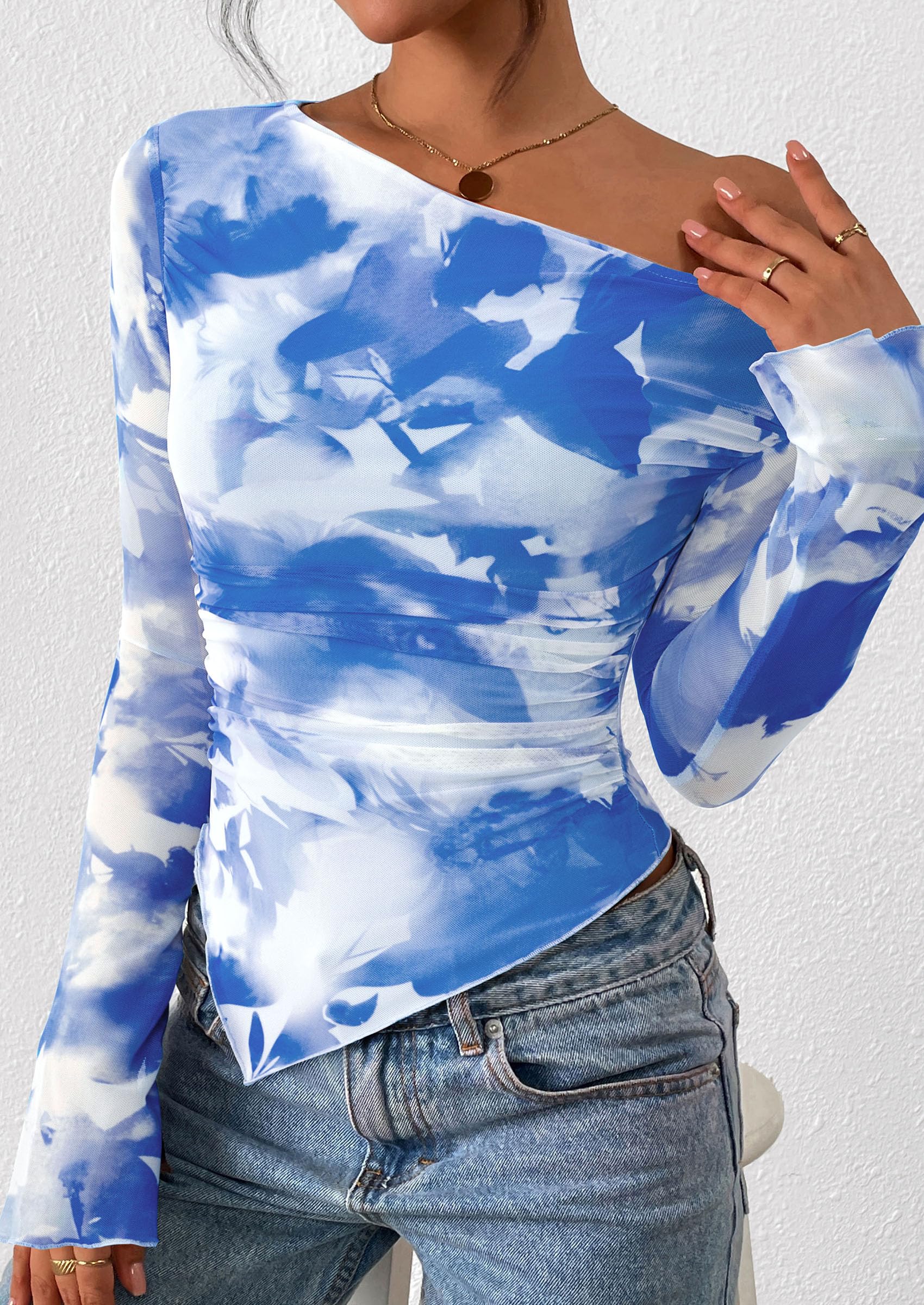 Womens Off Shoulder Mesh Y2k Tops,Floral Light Blue,XS
