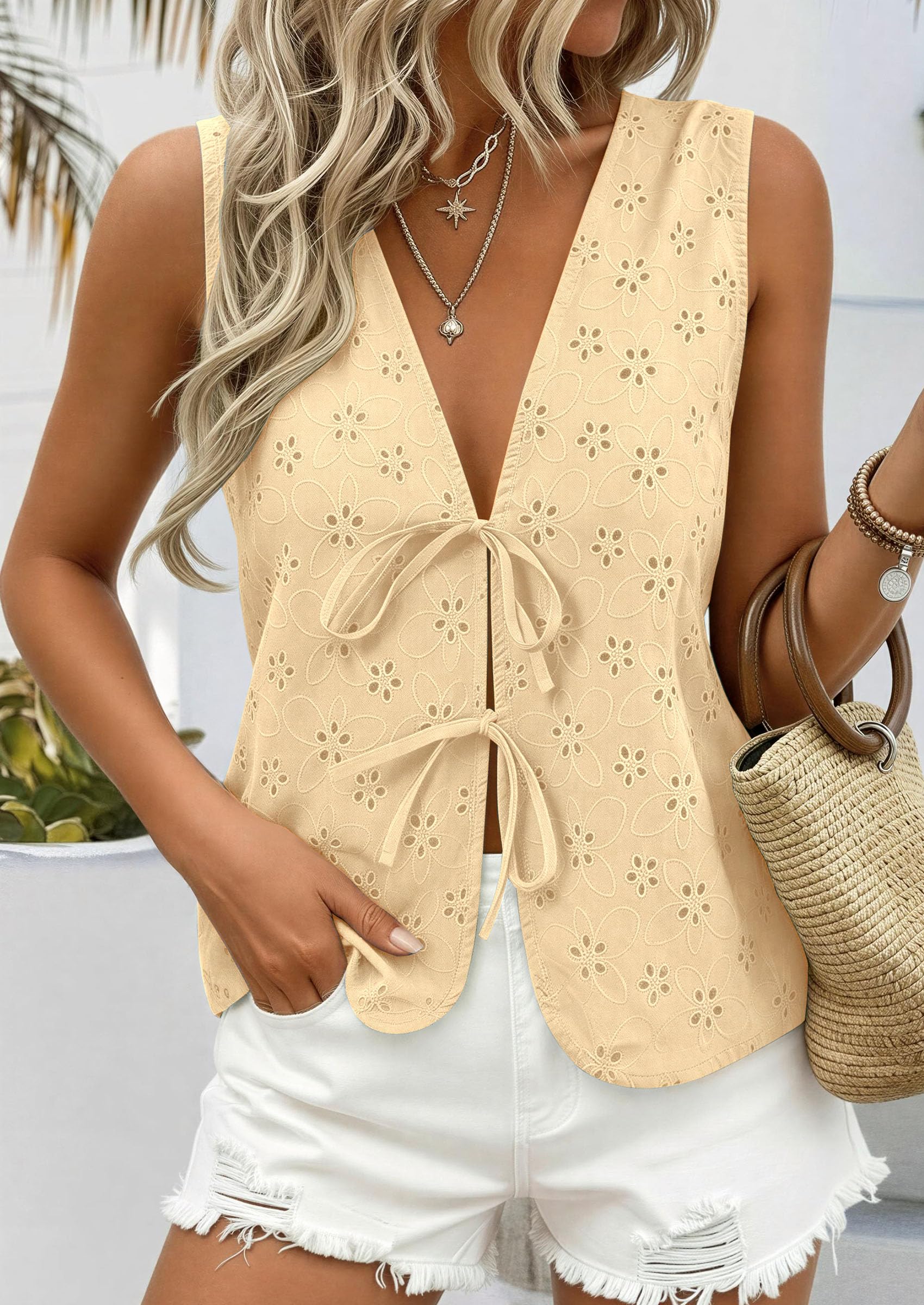 Women's Summer Eyelet Lace Tie Front Vest Tops Beige Yellow,S
