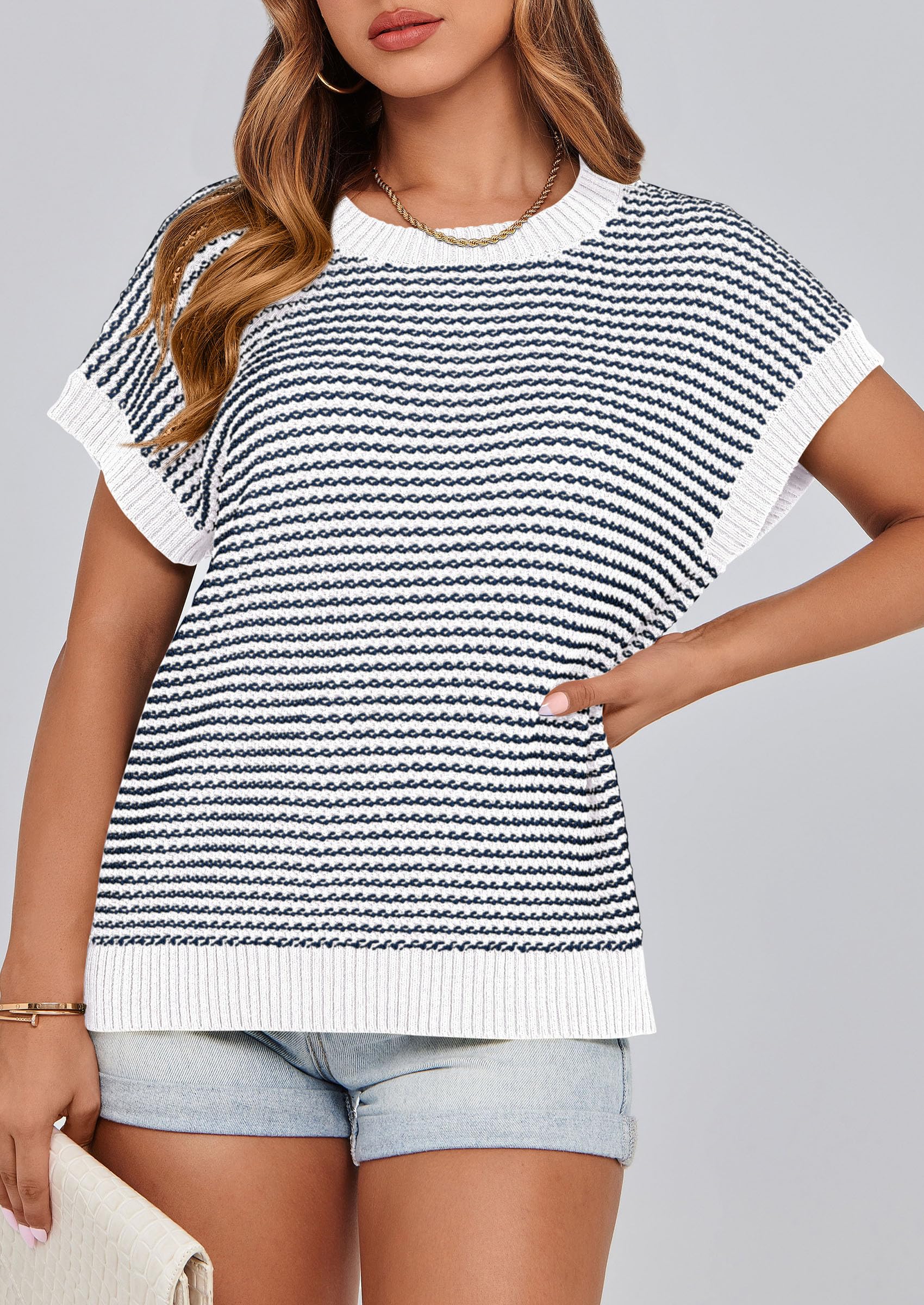 Women's Striped Short Sleeve Sweater Vest Striped White Navy,S