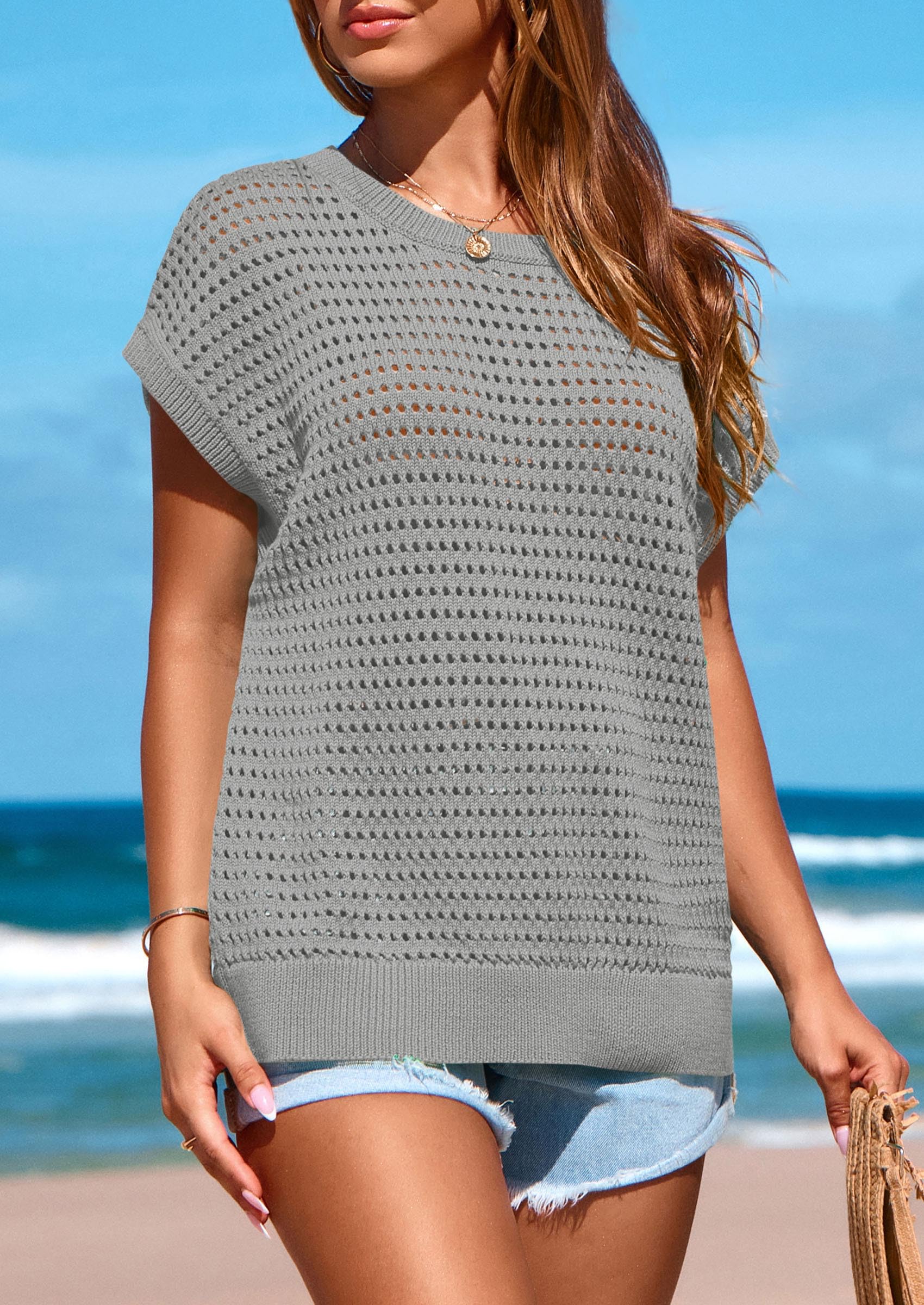 Women's Summer Crochet Cap Sleeve Sweater Tops,Grey,S