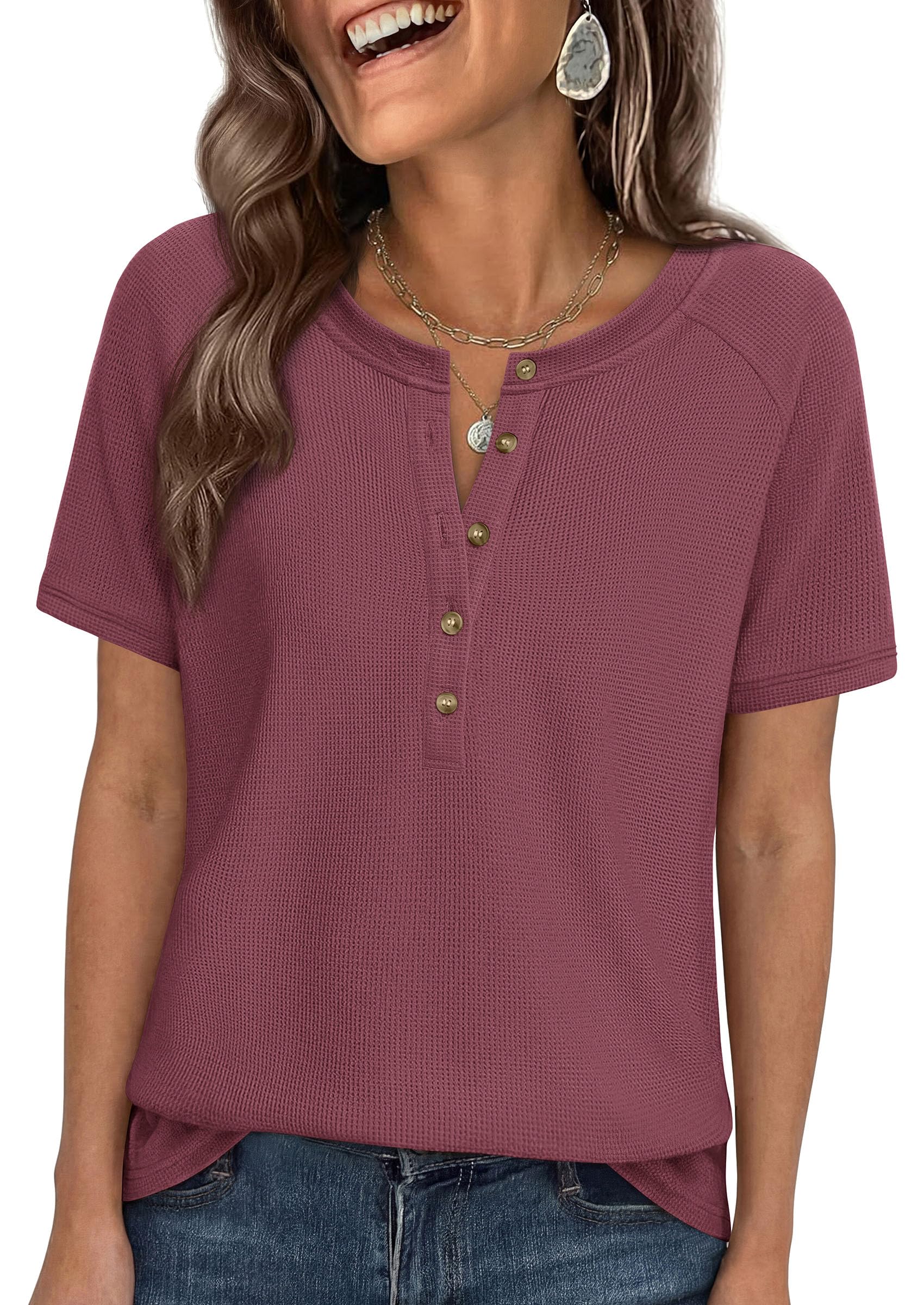 Women's Short Sleeve Waffle Knit Henley Shirts, Mauve,S