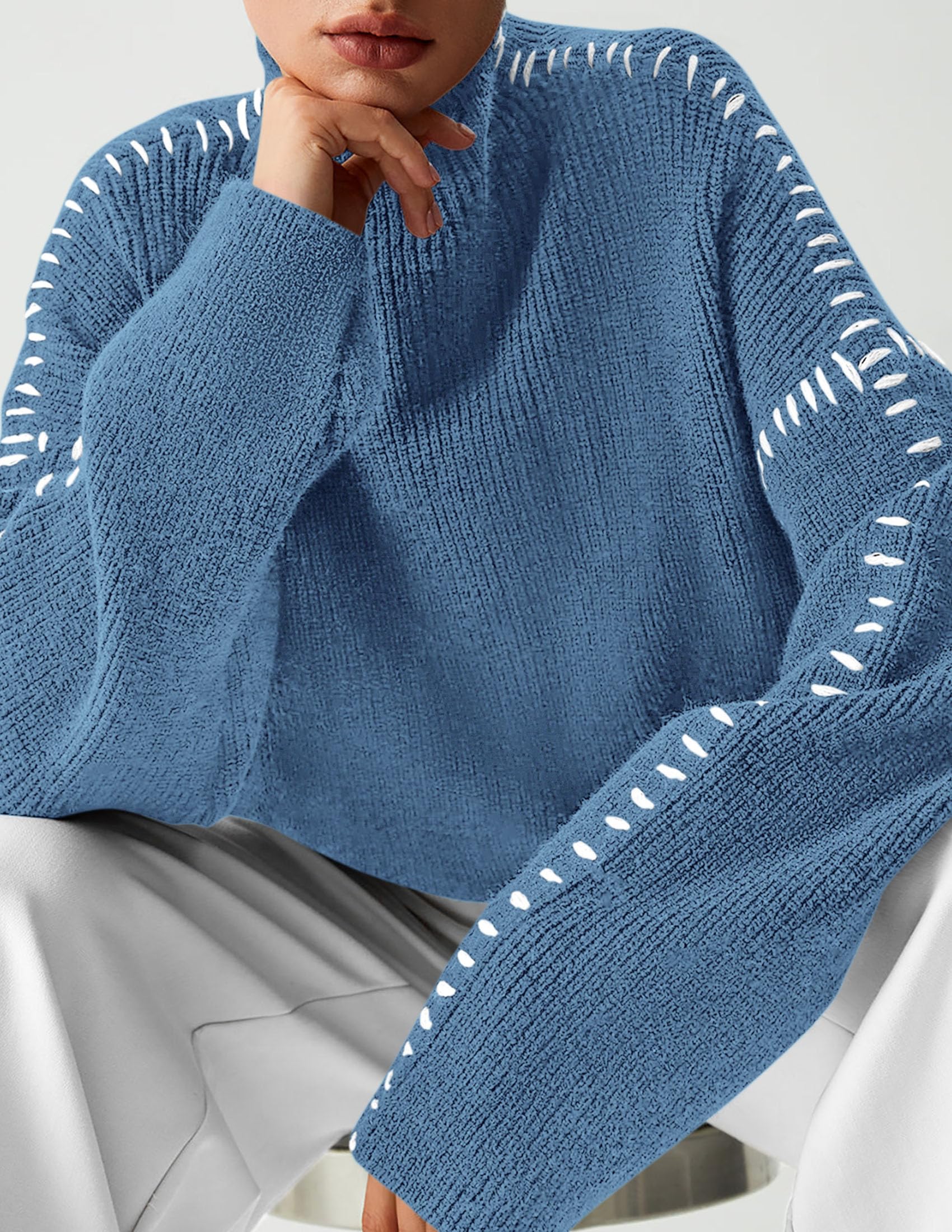 Womens Chunky Knit Oversized Pullover Sweaters,Blue,S