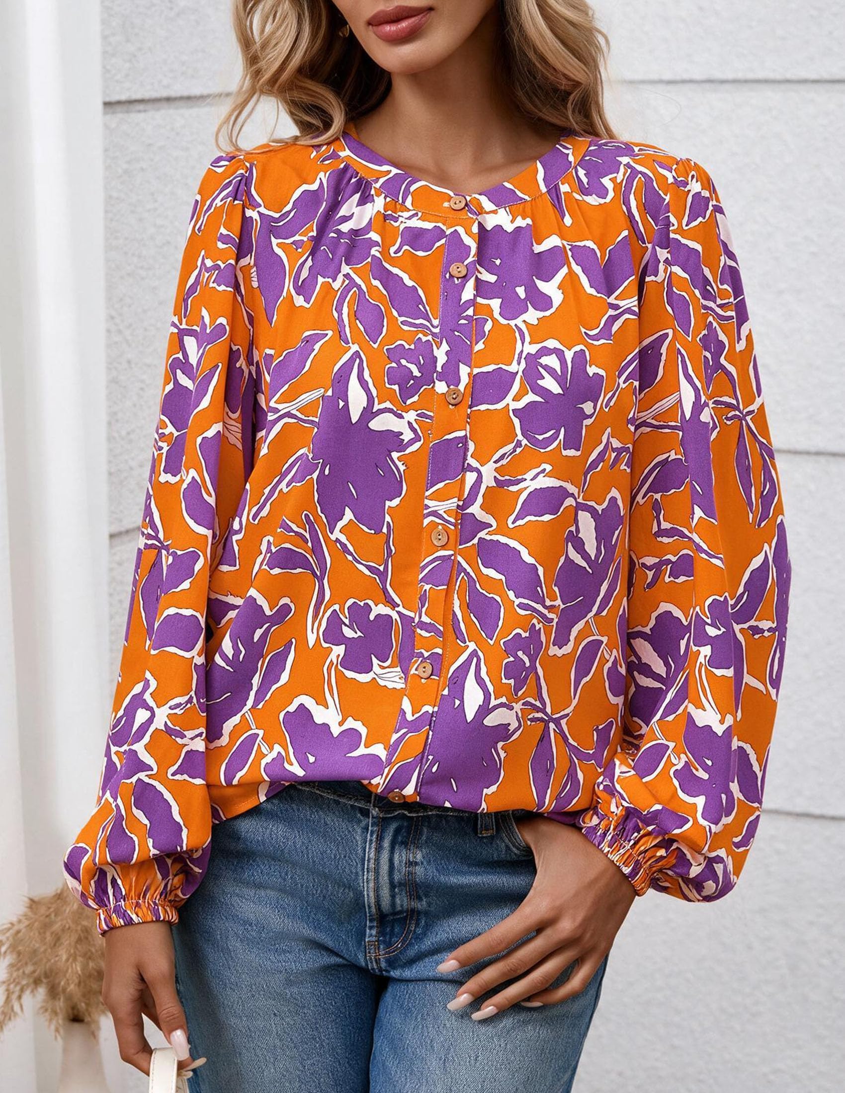 Women's Boho Tops Fall Long Sleeve Button Down Floral Blouses