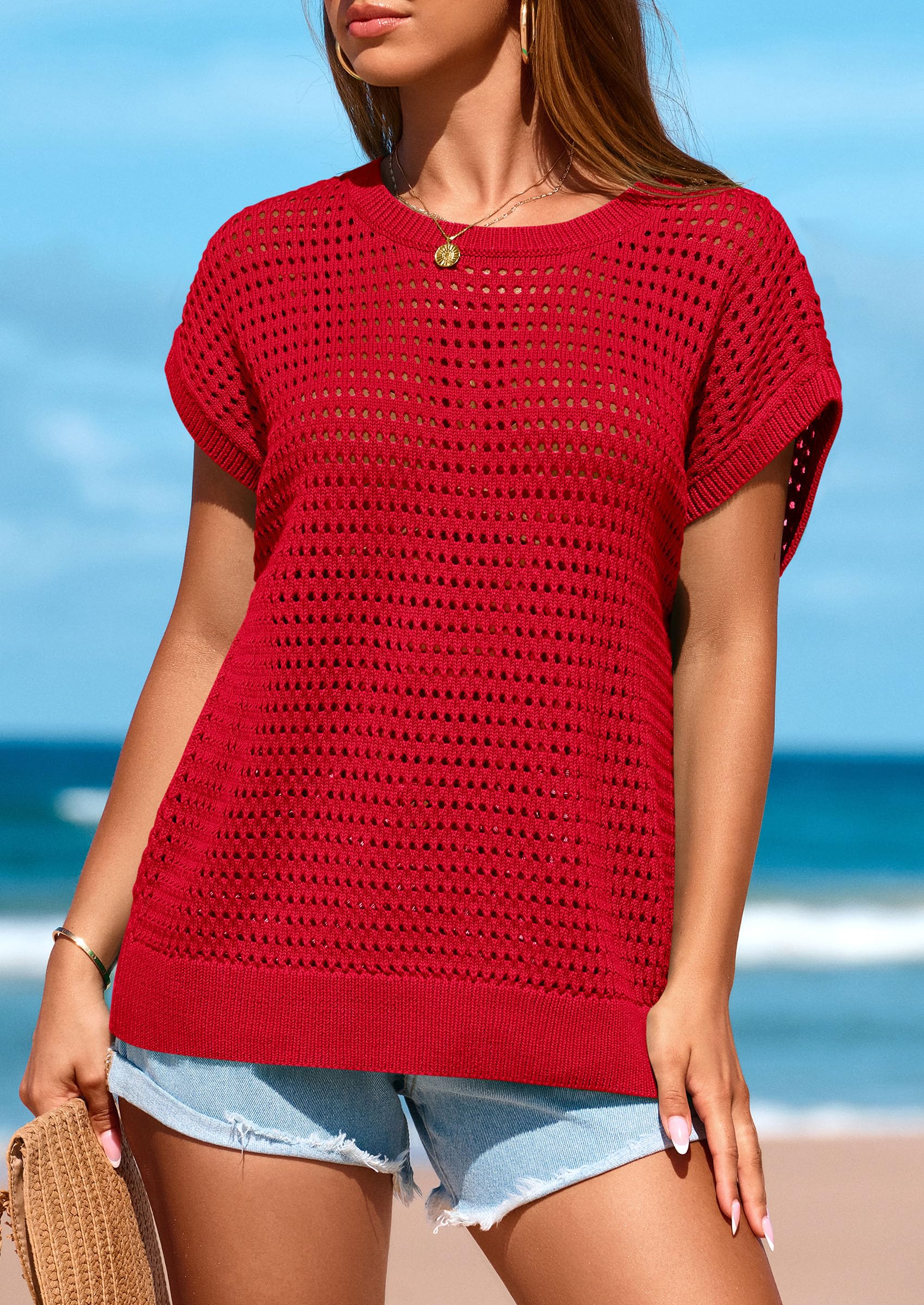 Women's Summer Crochet Cap Sleeve Sweater Tops,Dark Orange,S